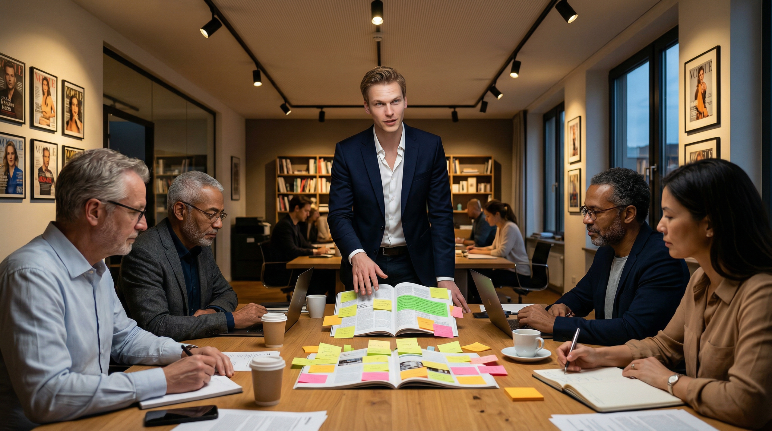 A reporter stands at a conference table covered in papers and sticky notes, briefing editors.