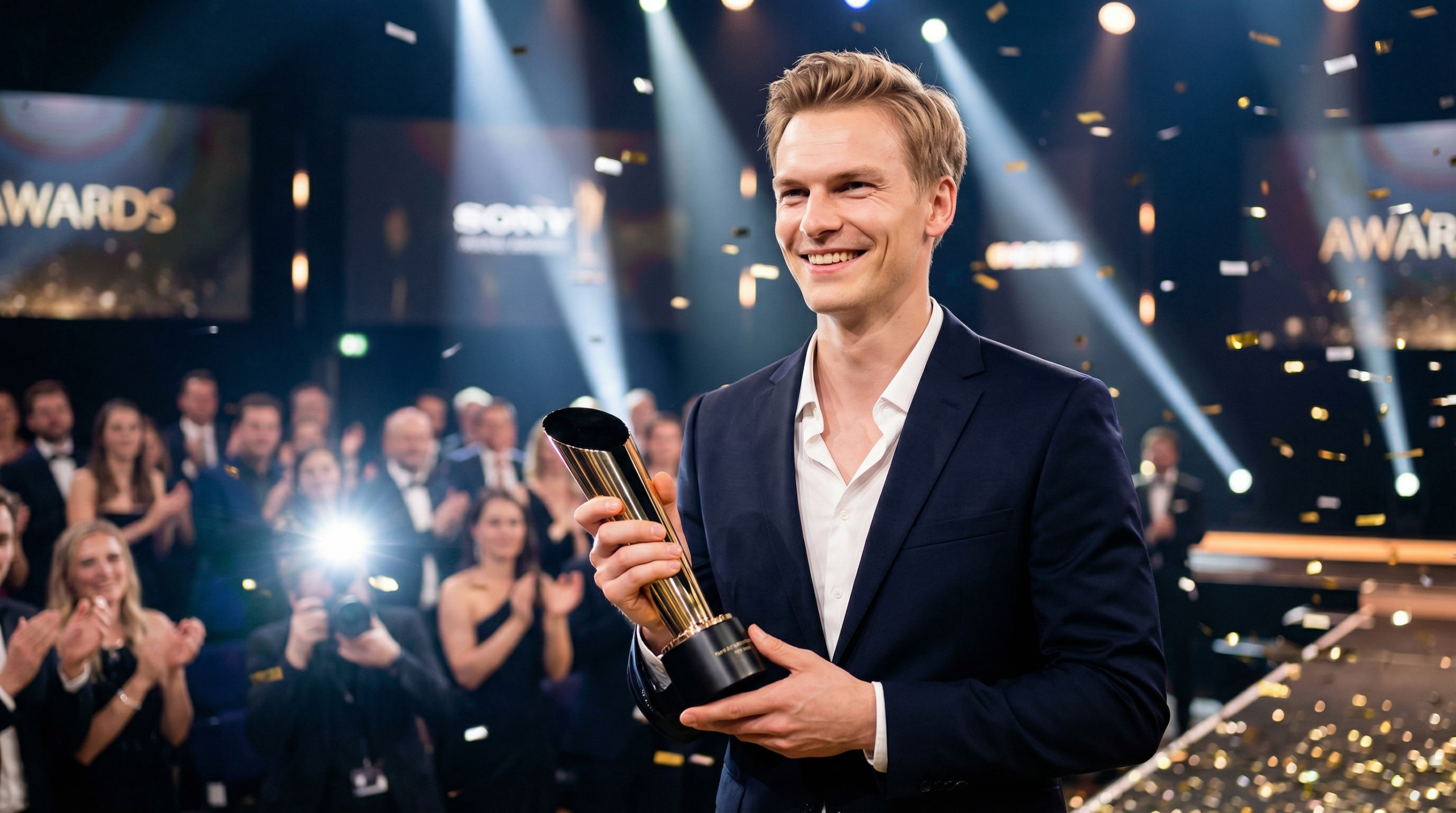 A smiling journalist on a stage holding an award trophy as confetti falls.