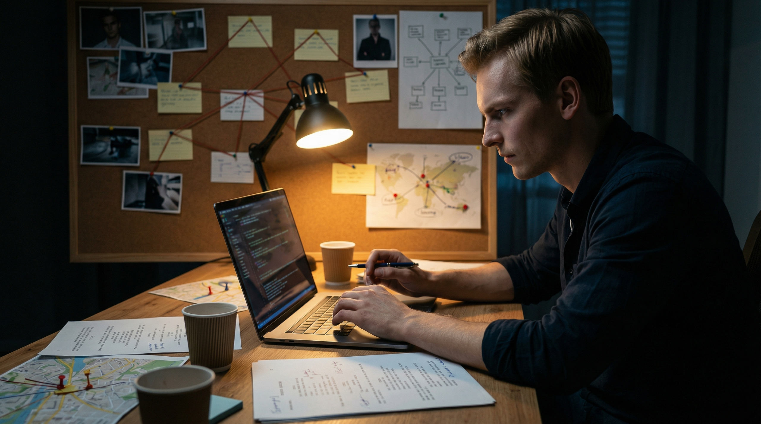 A man working late at a laptop with a corkboard of photos, maps, and red string behind him.