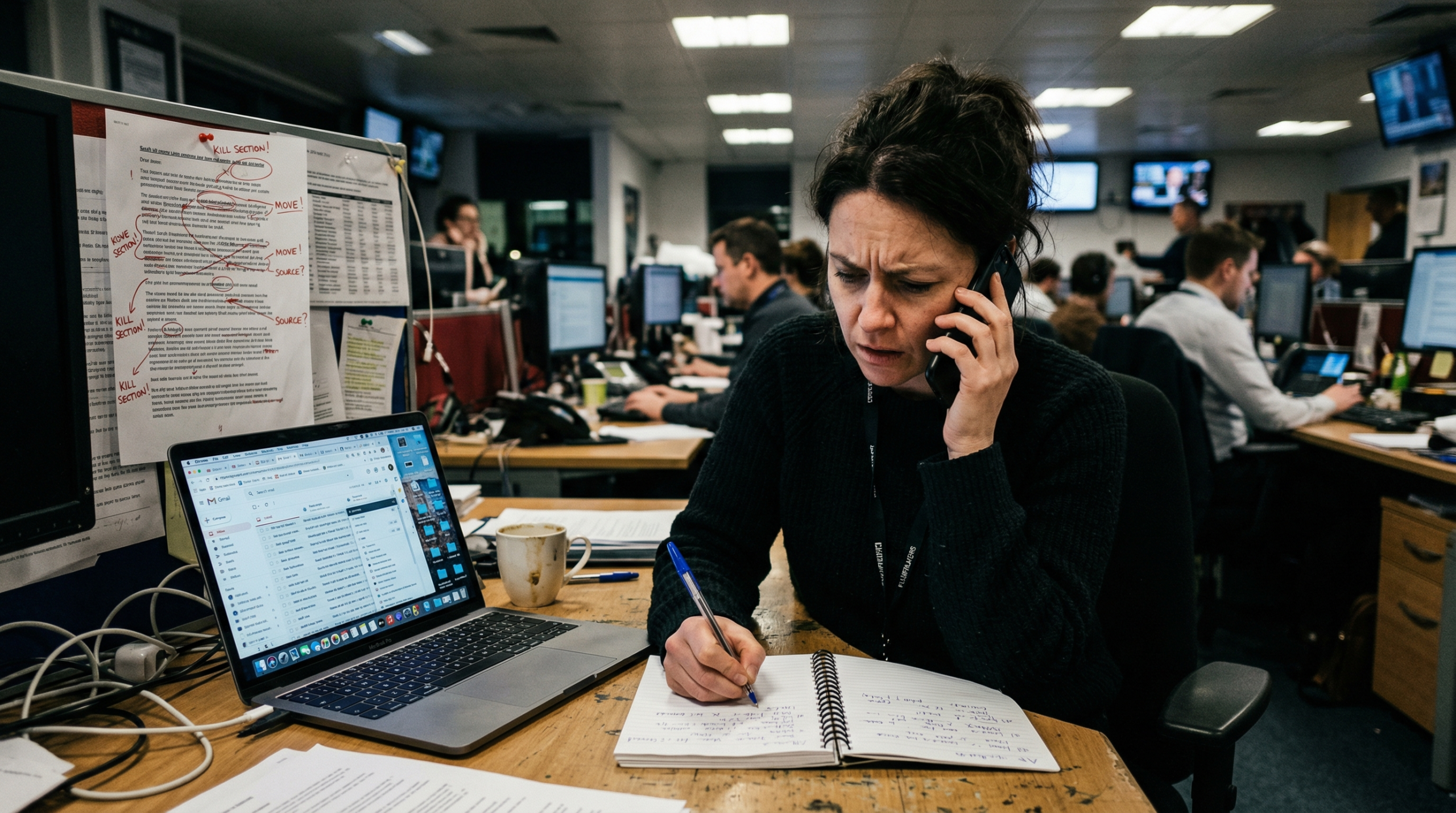 An editor on the phone, stressed, with a marked-up printout full of red circles and notes.
