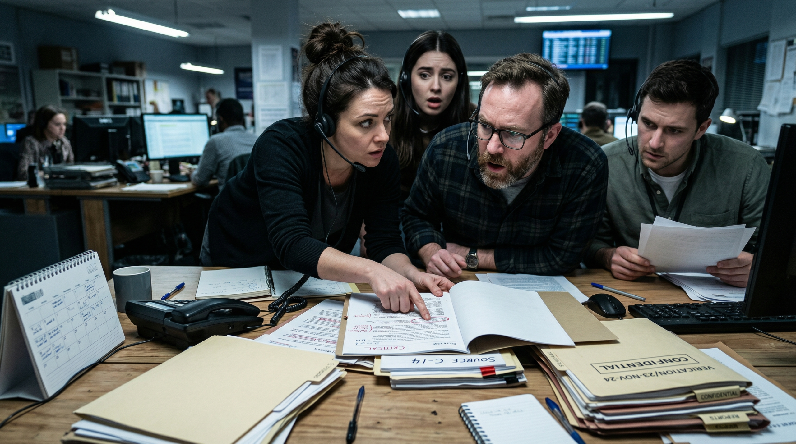 A frantic newsroom verification moment: staff huddled over documents labeled confidential.