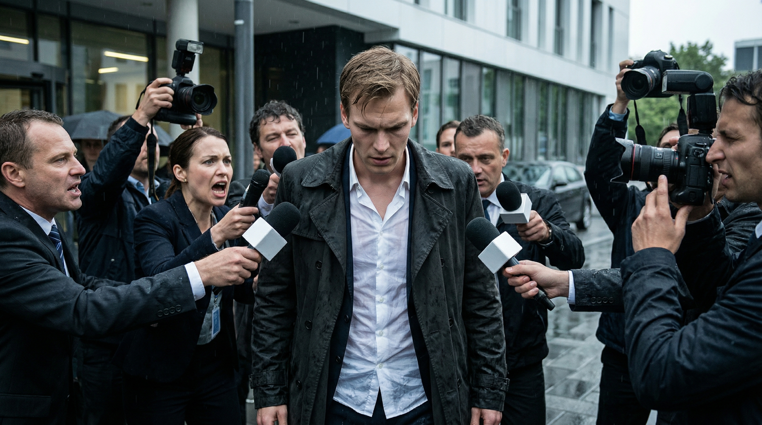 A reporter in the rain surrounded by microphones and cameras as reporters shout questions.