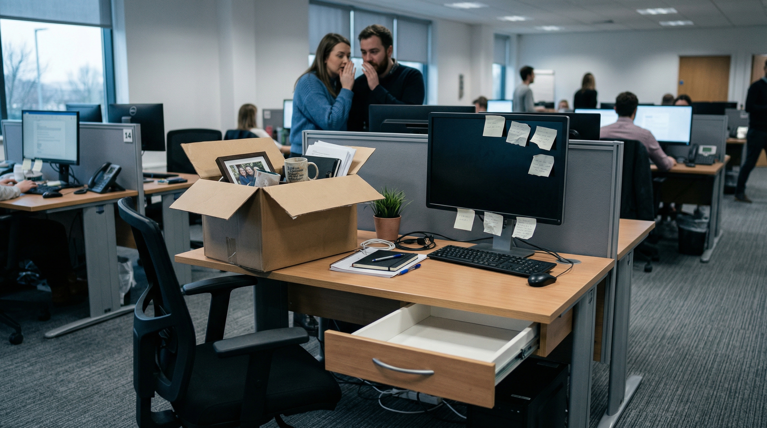 An empty office desk with a cardboard box of belongings and coworkers whispering in the background.