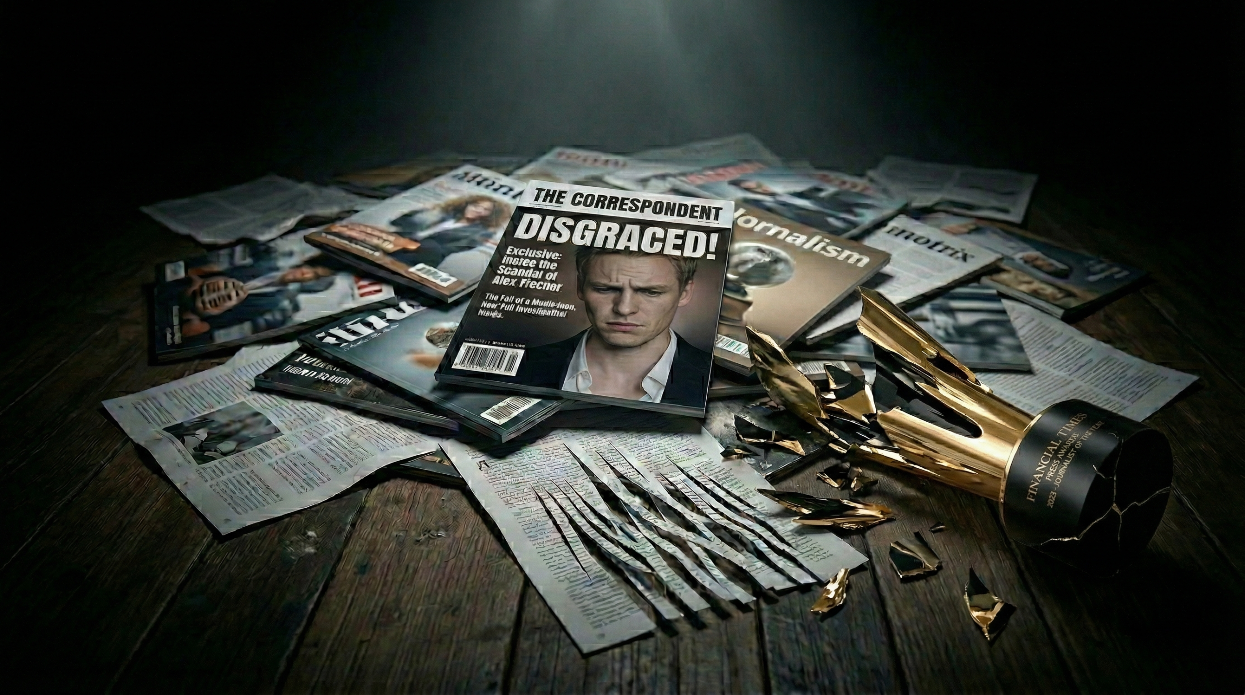 A pile of shredded pages, magazines, and a broken trophy beside a headline reading disgraced.