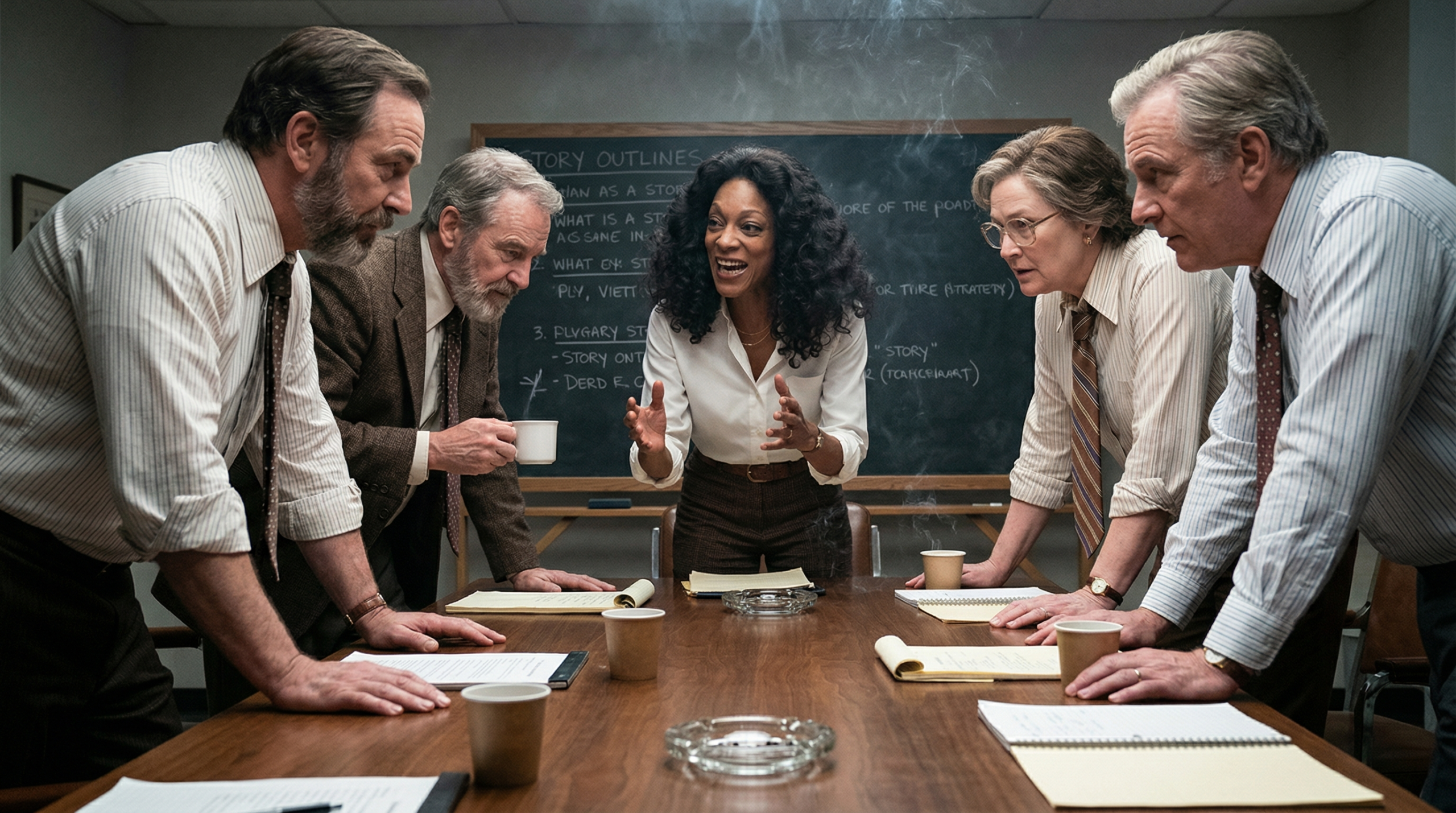 Reporter typing late at night on a typewriter beside stacks of notes and coffee.