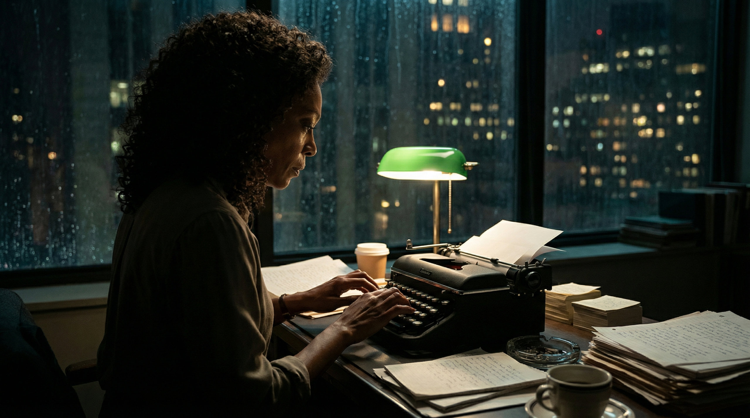 Editors examining a resume and documents inside a newsroom office.
