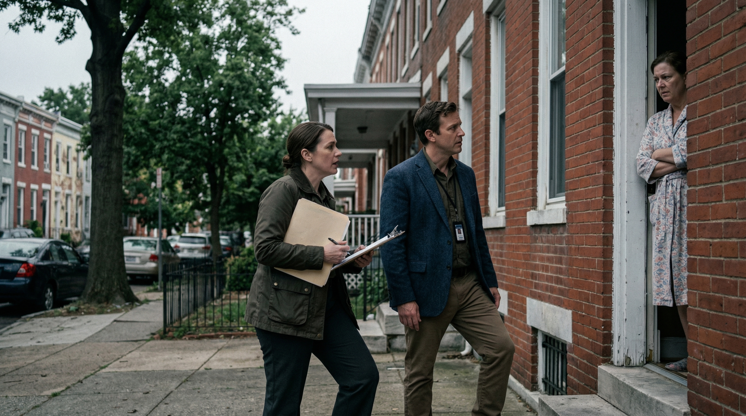 Investigators speaking with a resident outside brick row houses.