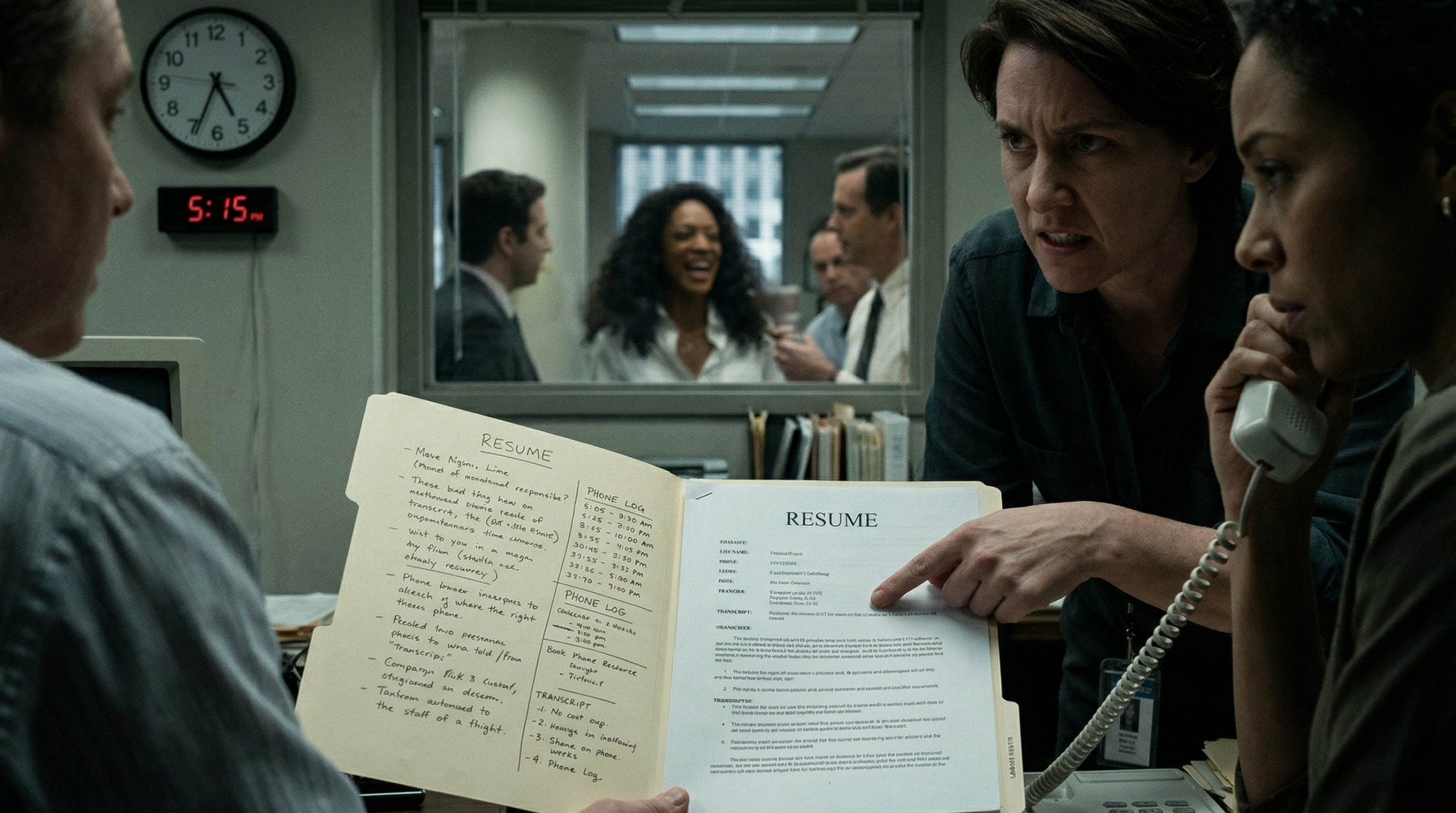 Reporter sitting alone in a meeting room across from editors.