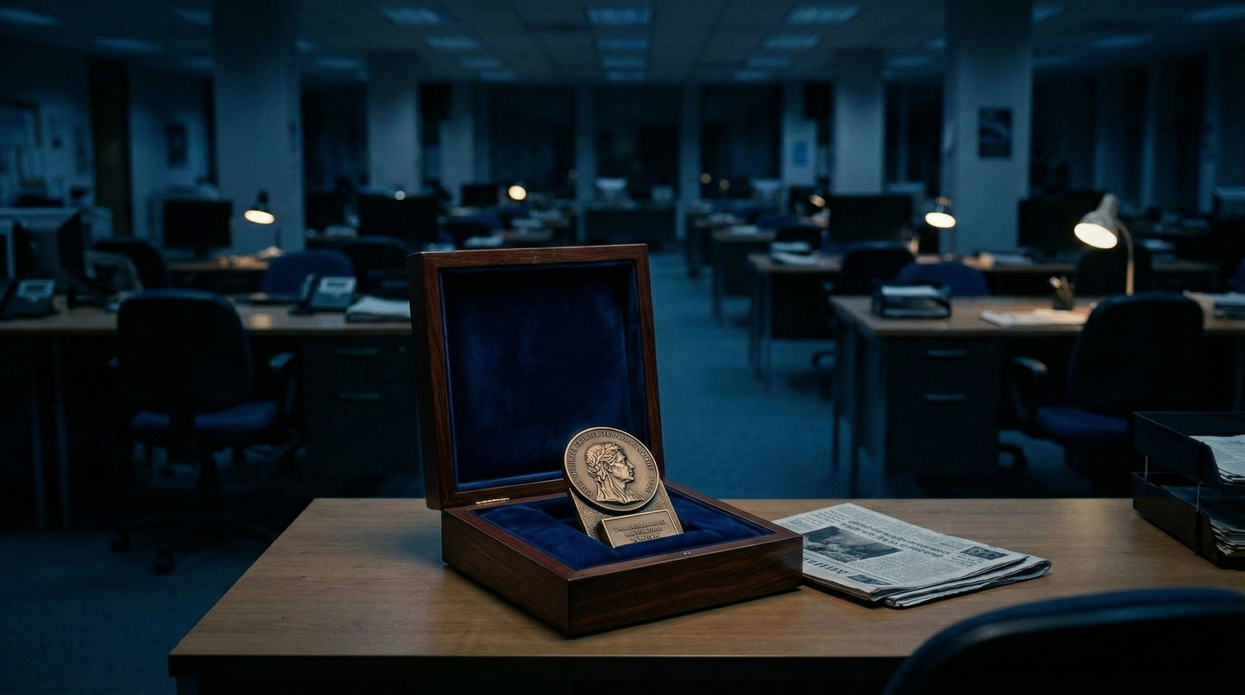 Empty newsroom desk with award sitting alone in dim light.