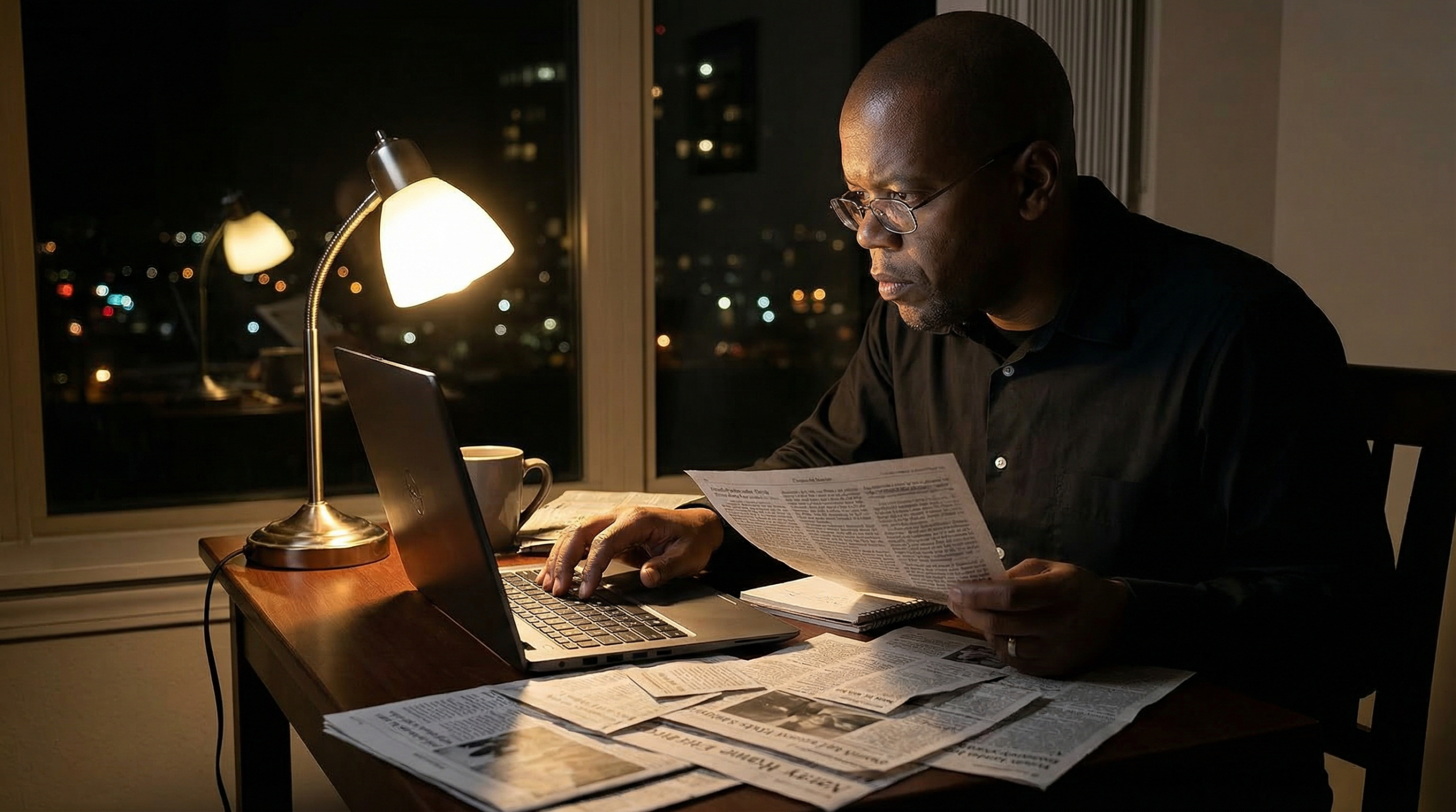 Empty office at dusk: desk, blank monitor, coffee mug, notebook, and city skyline through tall windows.