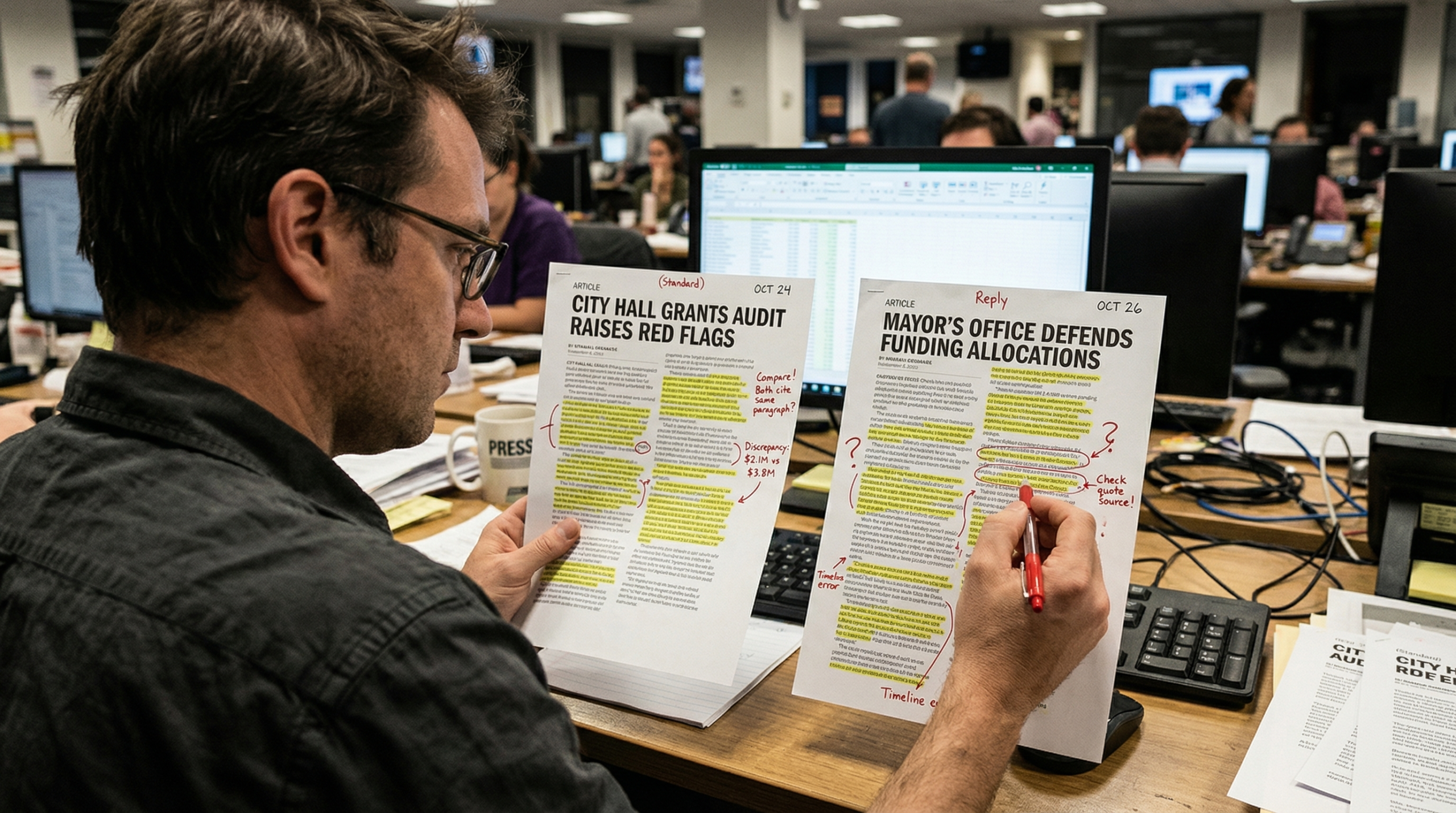 Press conference scene: officials speak at a podium surrounded by microphones and flashing cameras.