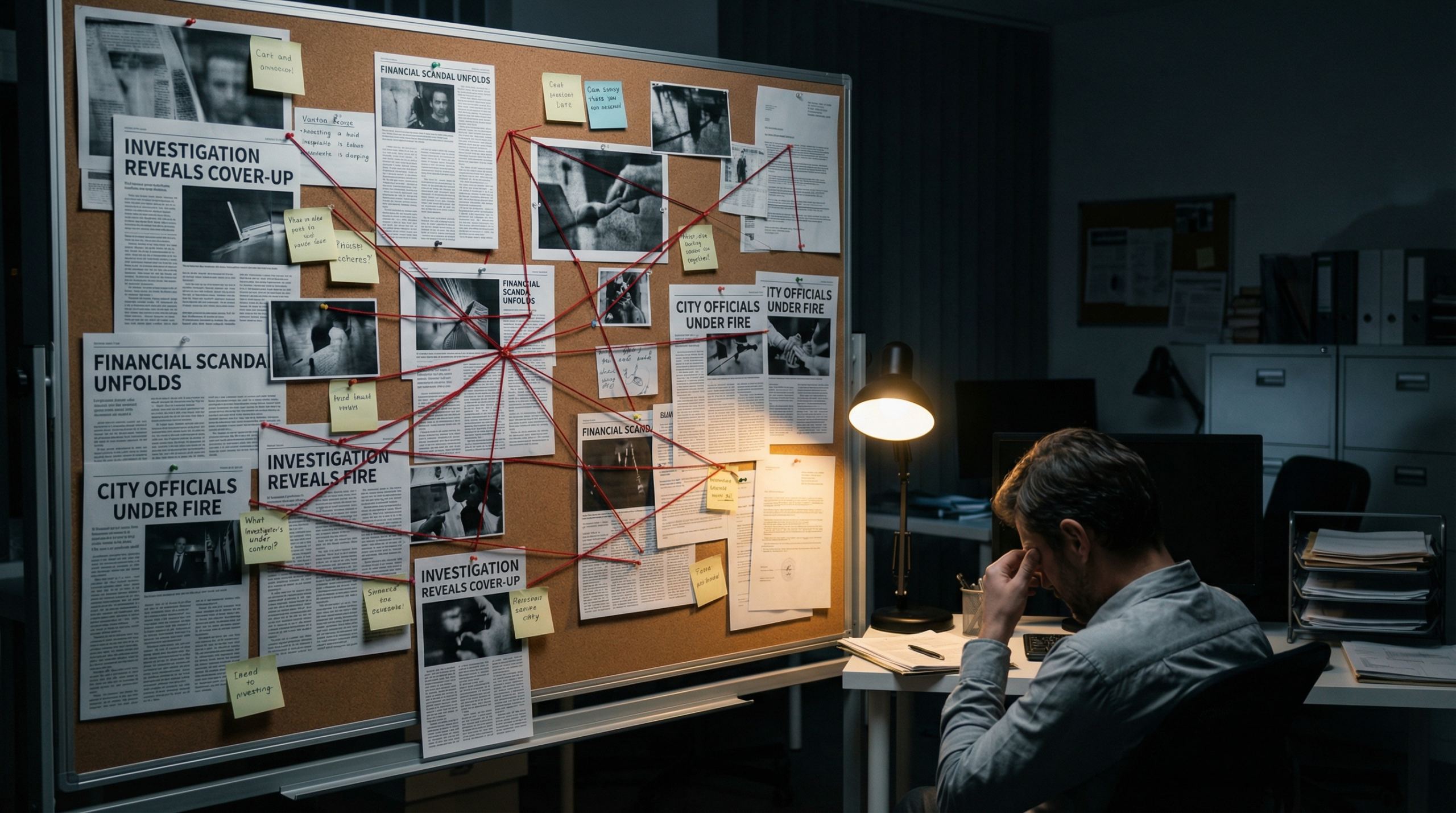 A solitary man walking through a downtown corridor of tall buildings, hands in pockets, serious expression.