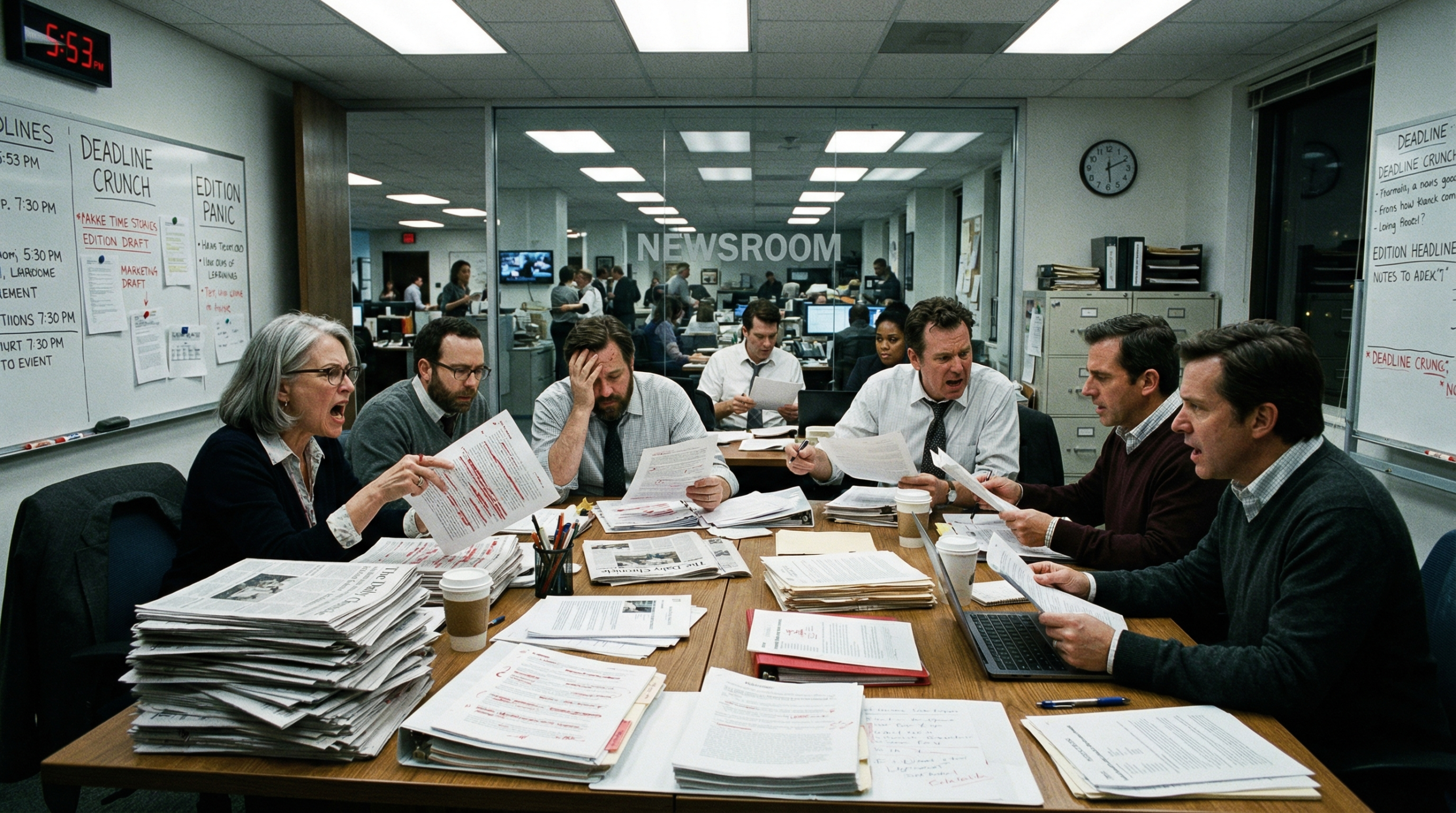 Newsstand scene: a man reads a newspaper with a large headline about a newsroom scandal.