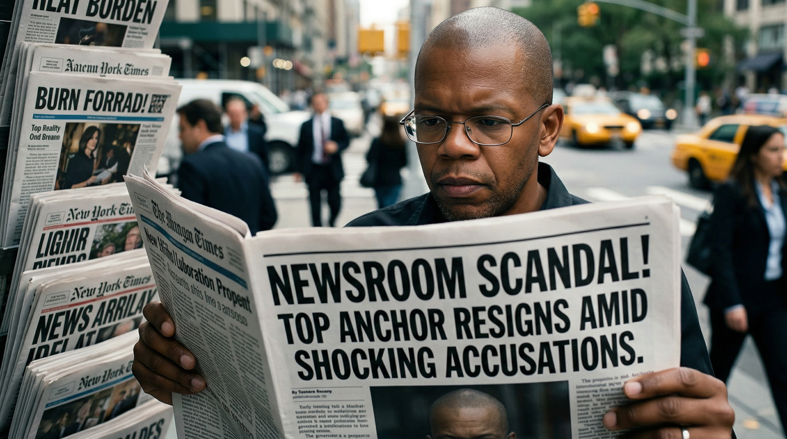 Tense newsroom meeting: editors argue around a table piled with papers and marked-up documents.