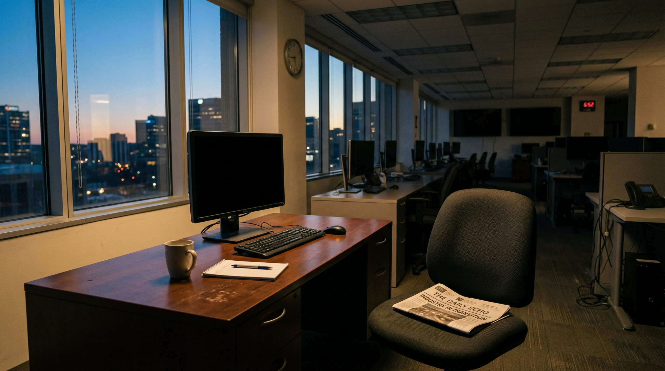 Late-night desk: a man works at a laptop under a lamp surrounded by clippings and papers, city lights outside.