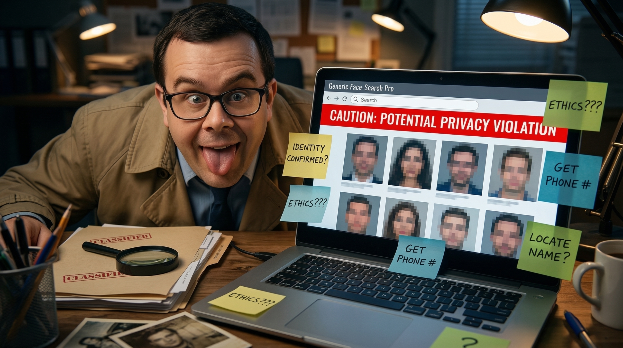 Laptop shows a generic reverse face search interface with privacy warnings and blurred faces.