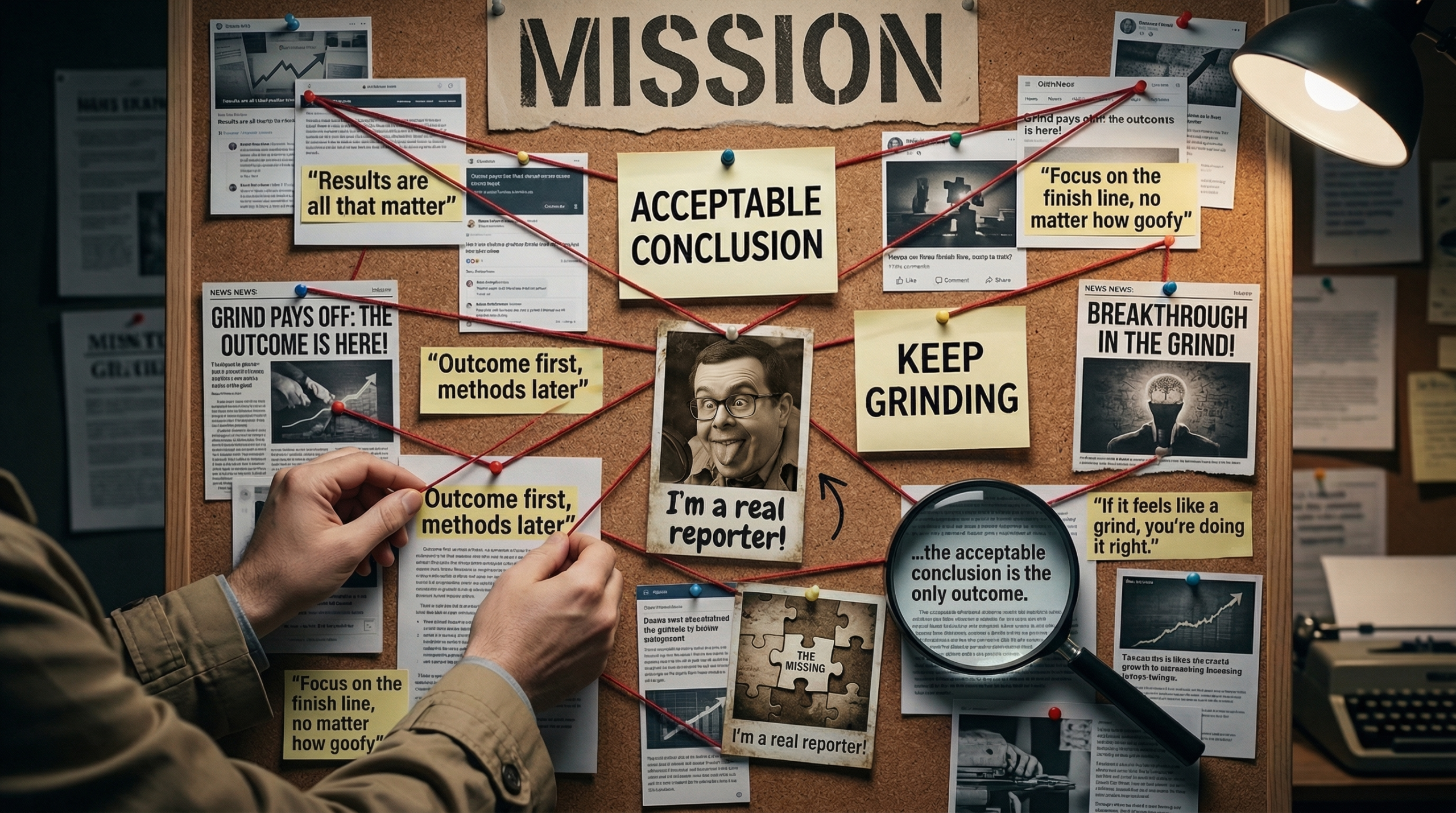 Evidence board with strings connecting headlines and notes reading mission and acceptable conclusion.