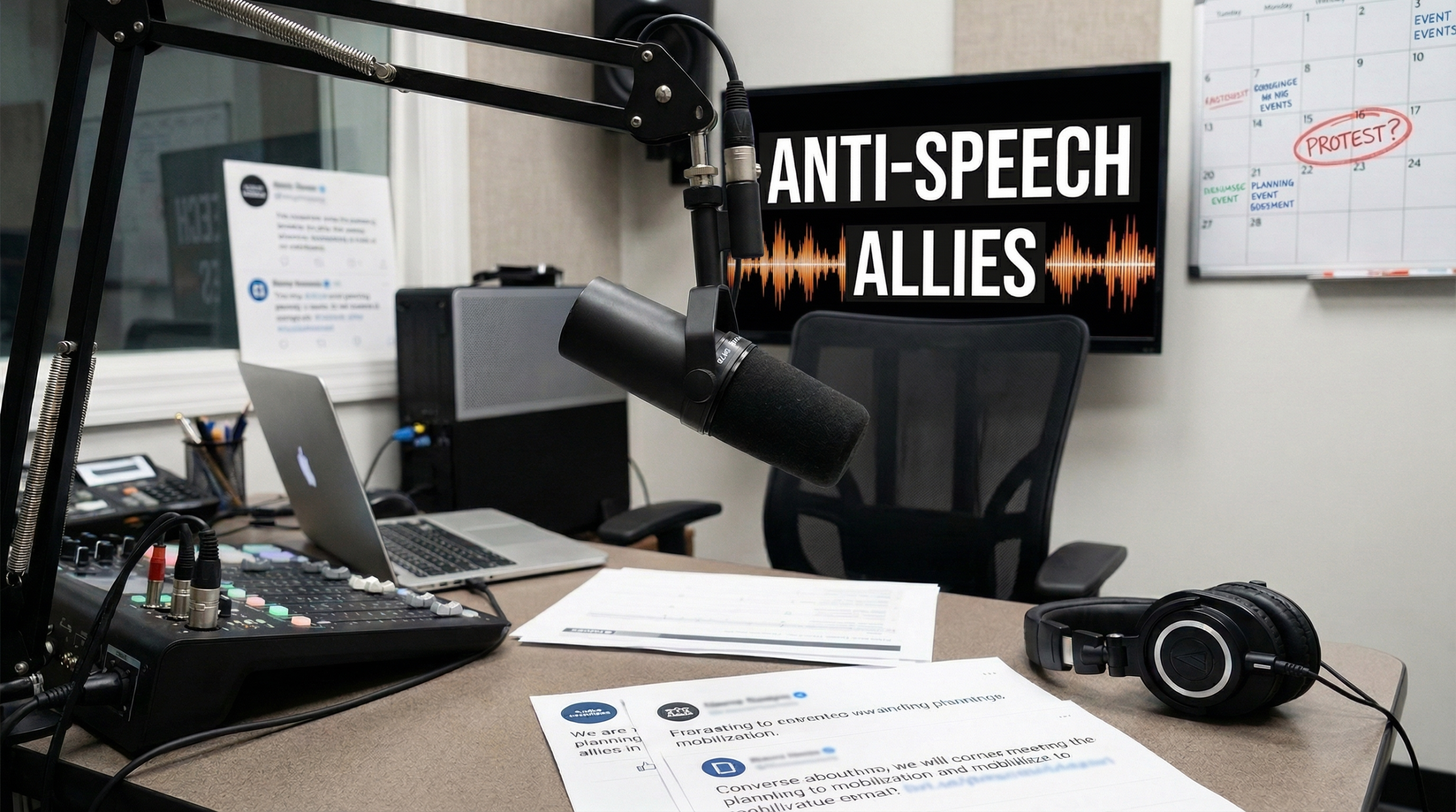 Podcast studio with notes about allies, distribution, and protest planning.