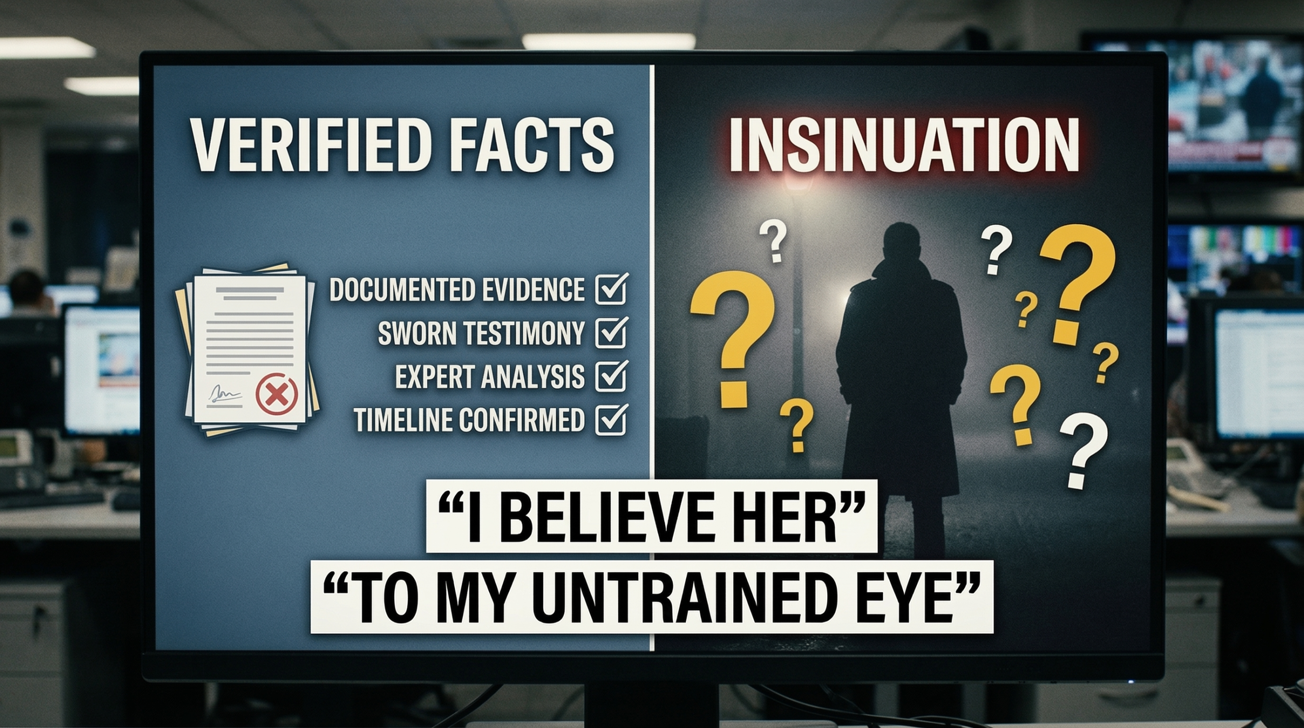Split visual showing verified facts vs insinuation with quote cards about belief and untrained eye.