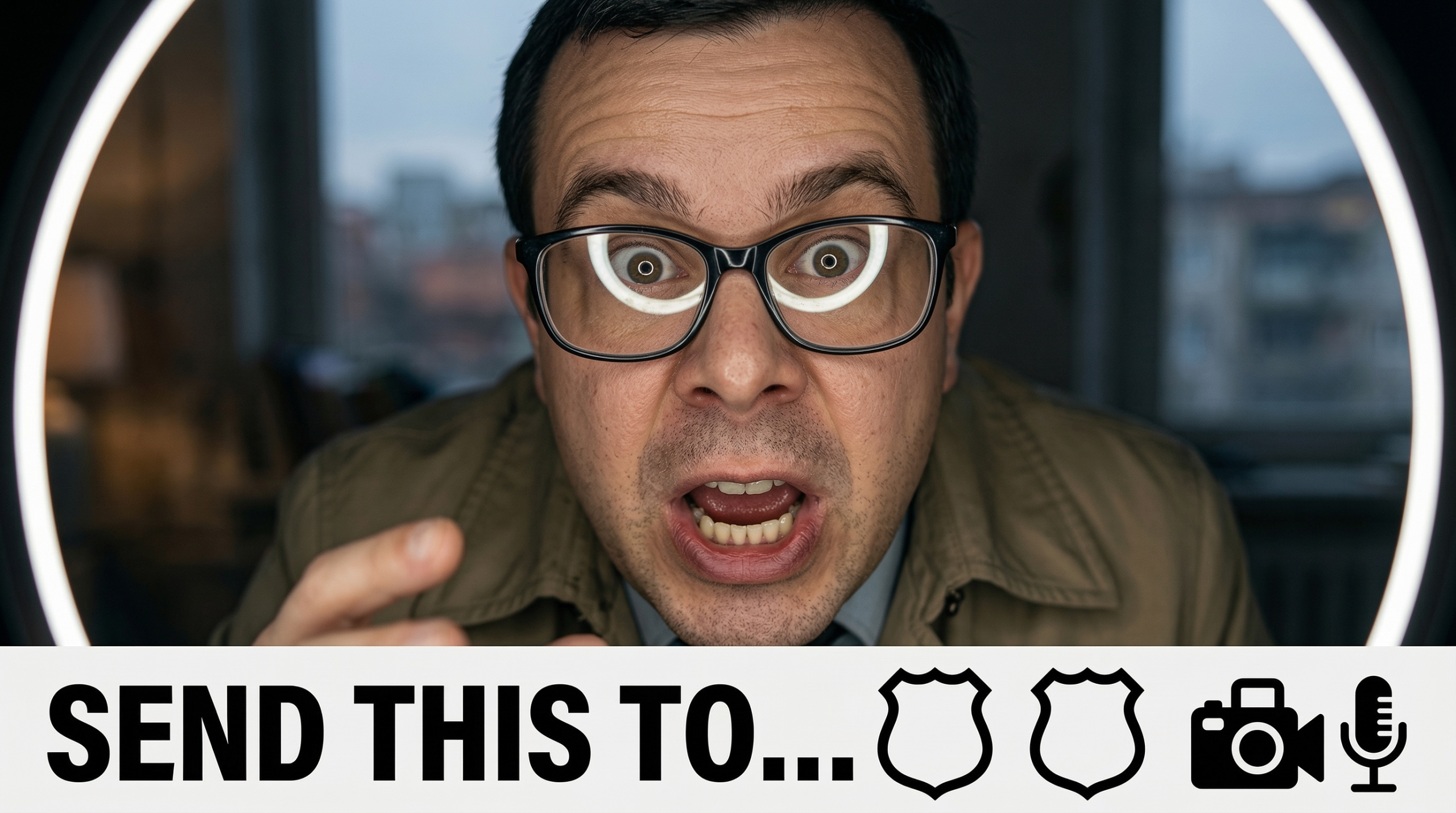 Aggressive call-to-action style broadcast with generic icons to send content to authorities.