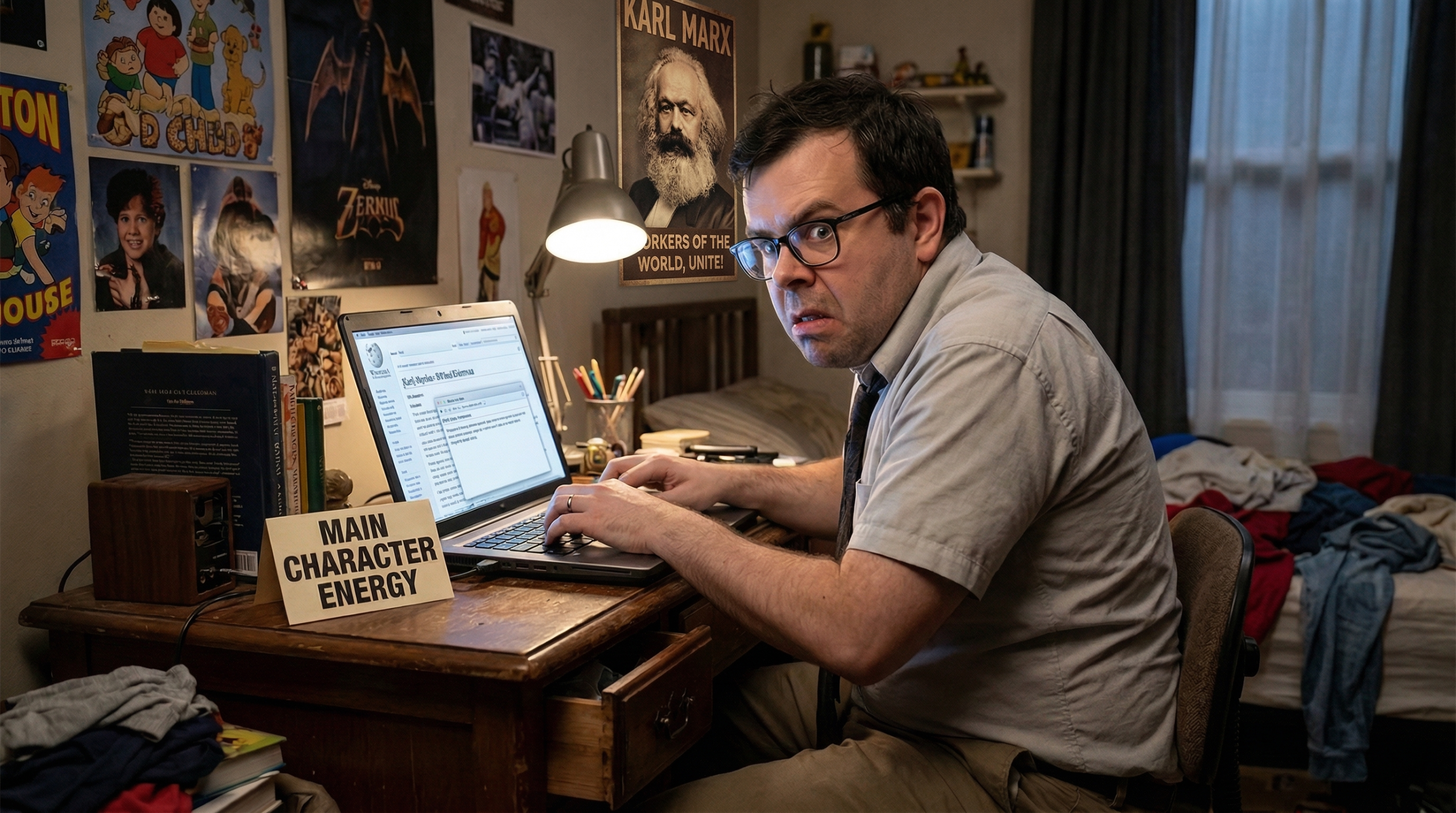 Messy bedroom, man hunched over a laptop typing furiously in a wiki-like editor.