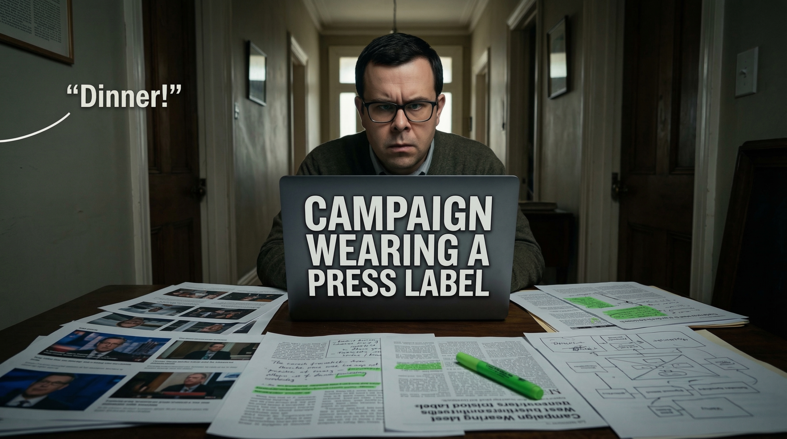 Final scene: same room, family life outside the door, laptop reads campaign wearing a press label.