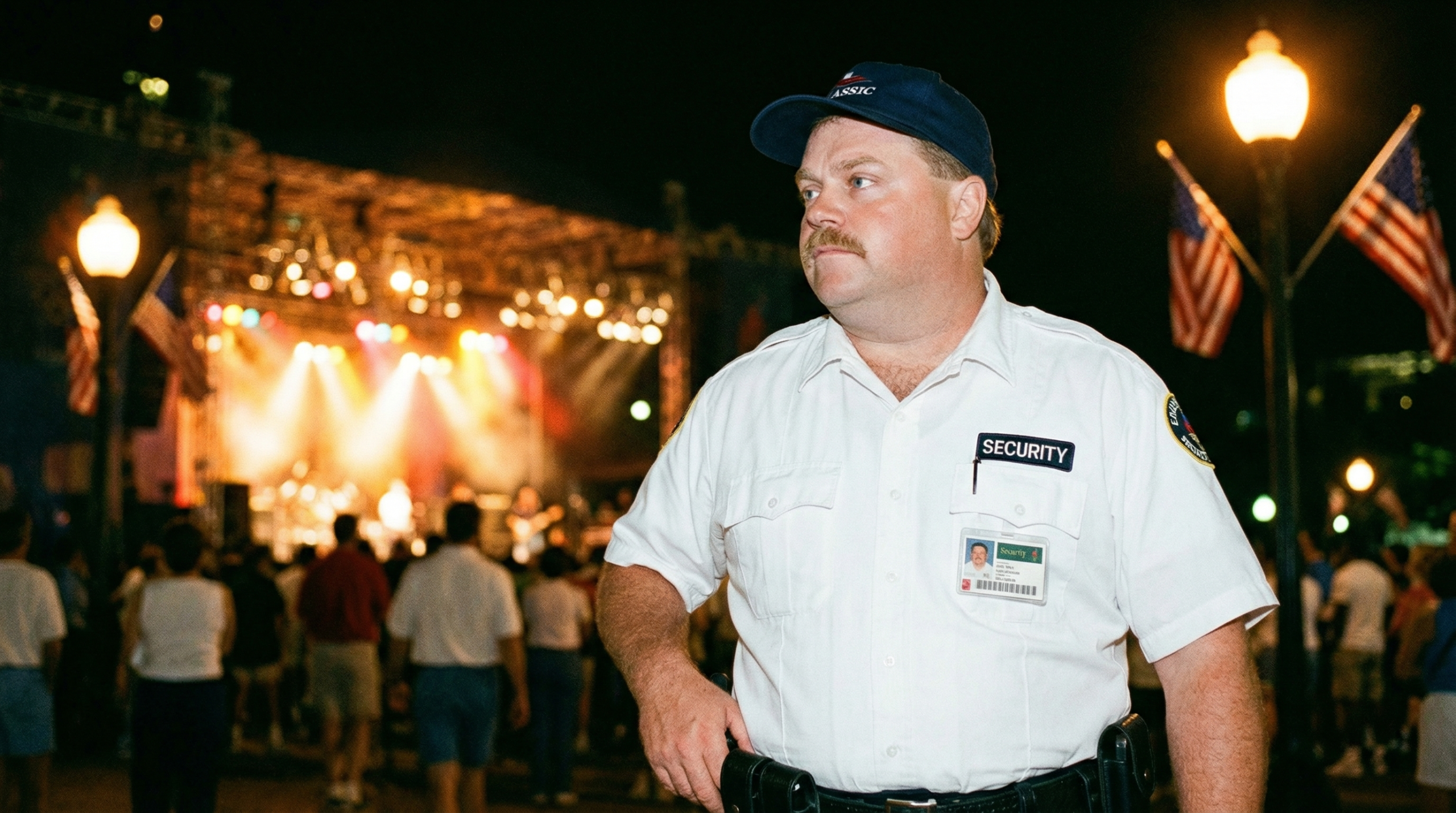 Security guard stands watch at Centennial Olympic Park during the 1996 Atlanta Olympics.