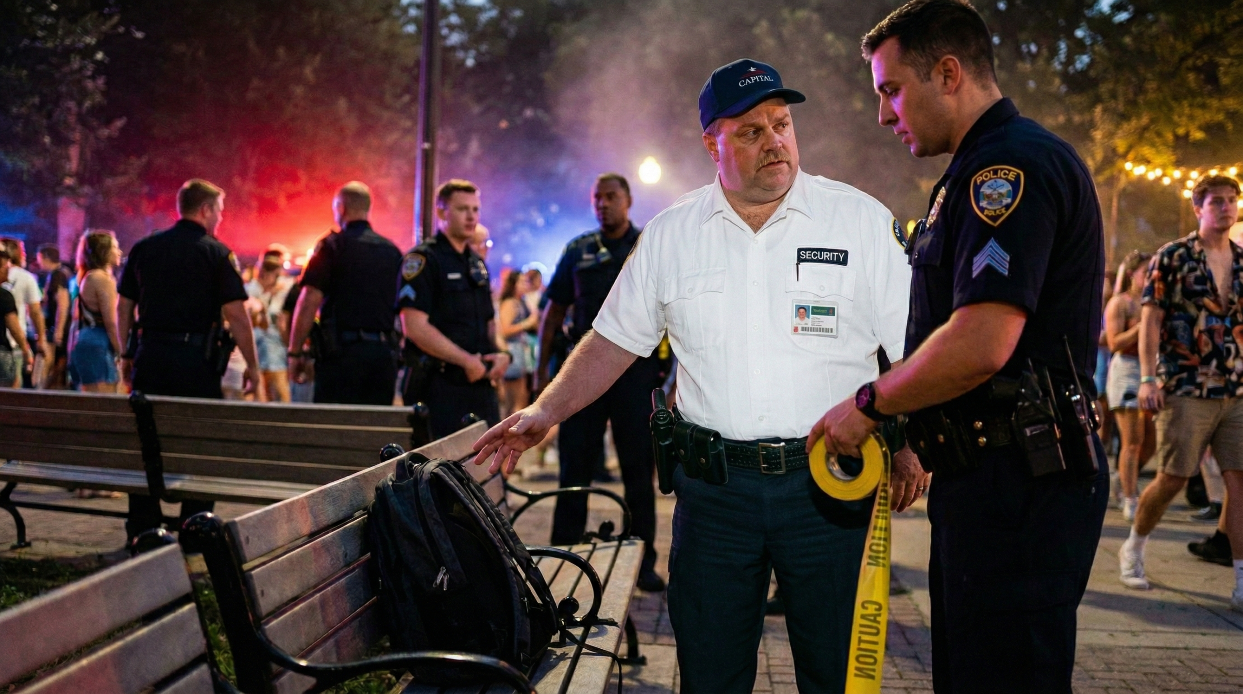 Security guard and police officer stand near an unattended backpack on a bench.