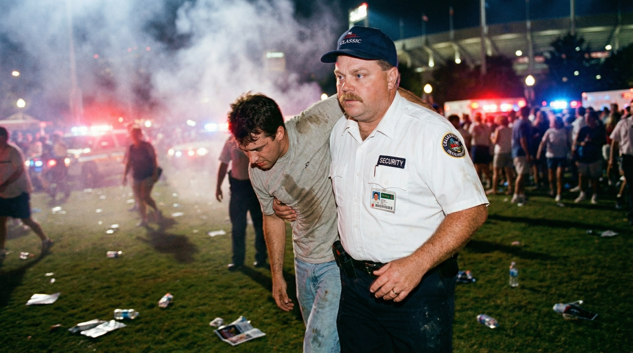 Security guard helps an injured man move through a chaotic scene with smoke and emergency lights.
