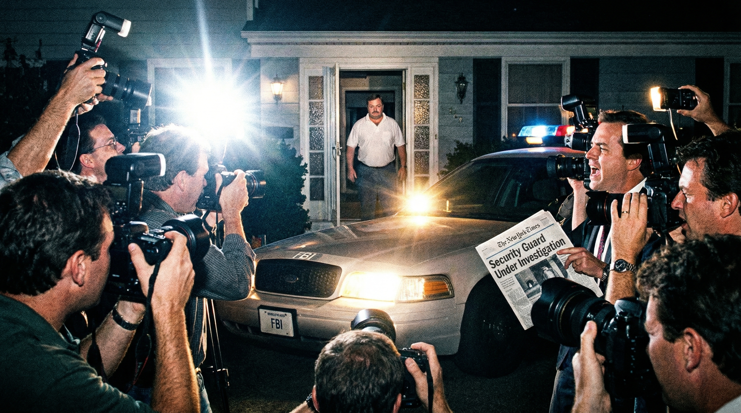 Photographers swarm outside a home at night with flashing lights and law enforcement presence.