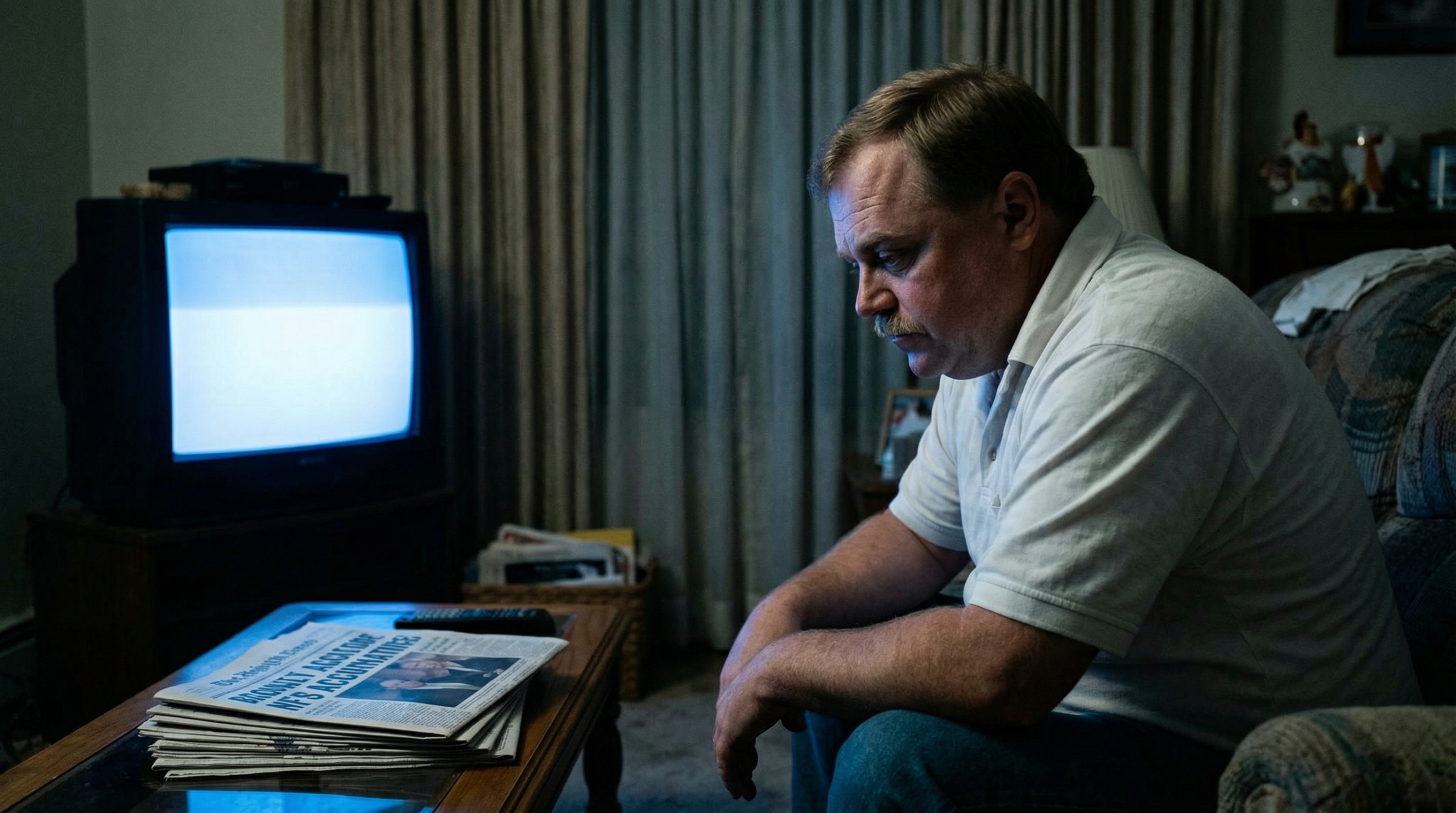 Man sits alone watching television beside a stack of newspapers, looking distressed.