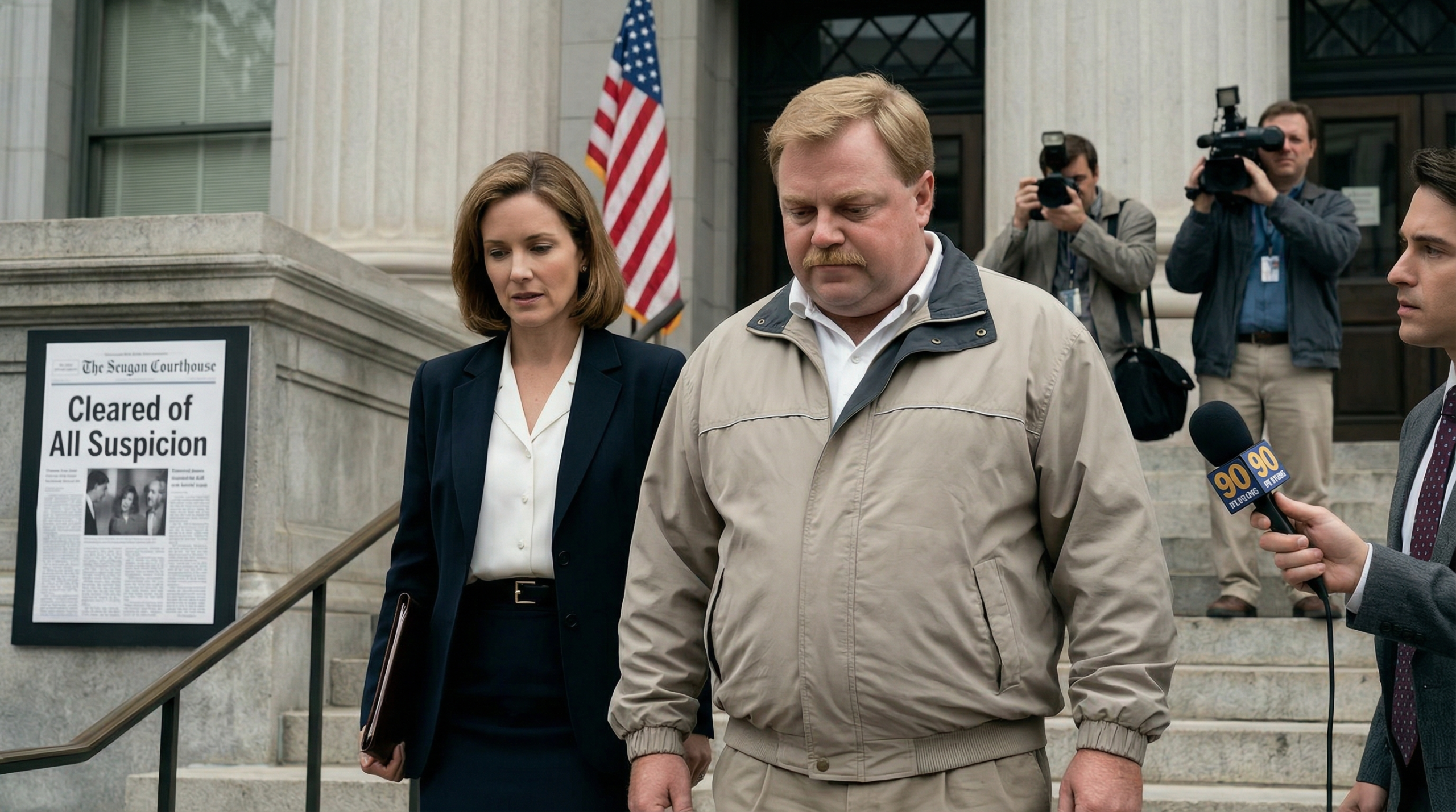 Man walks outside a courthouse while reporters follow, a headline behind him reads cleared of suspicion.