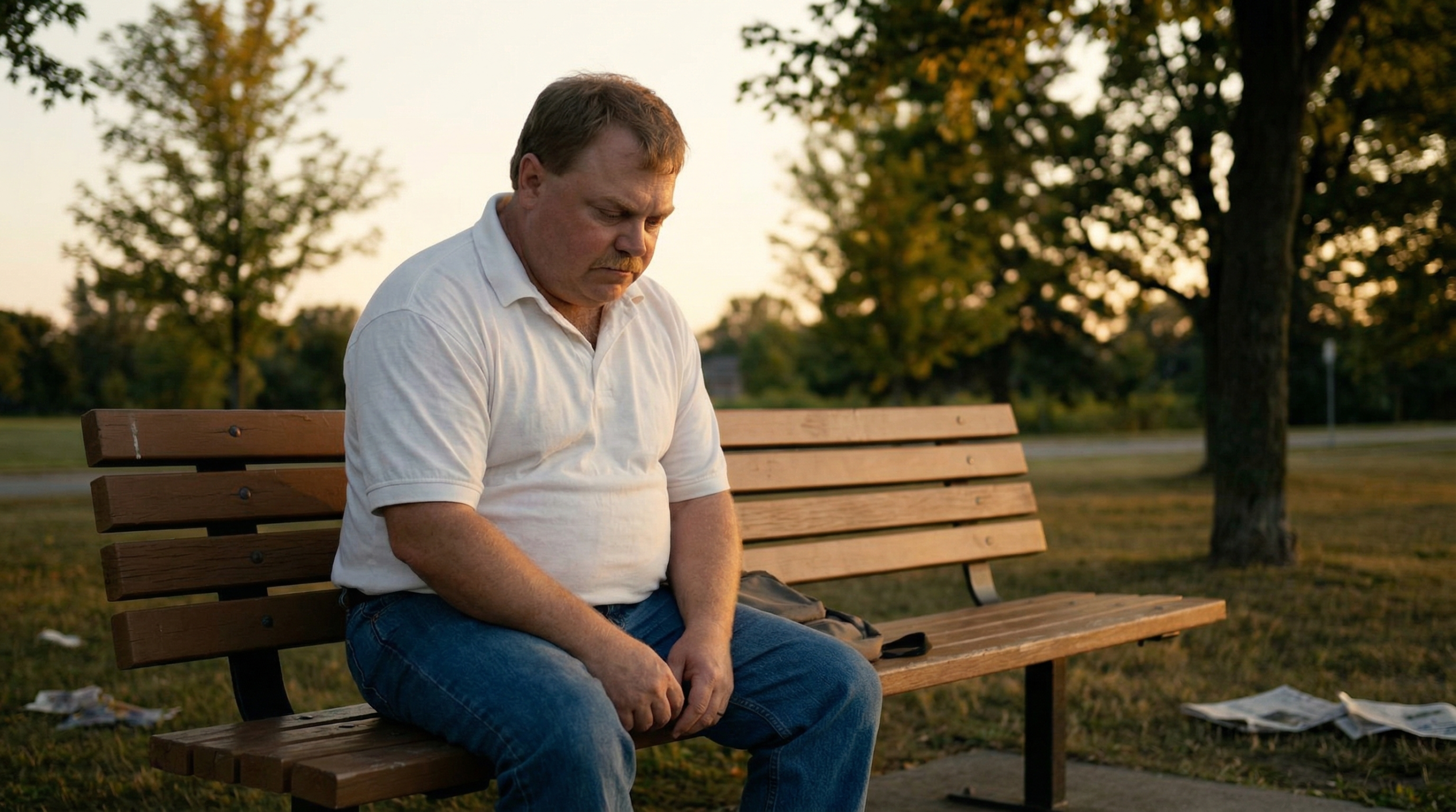 Man sits alone on a park bench at dusk, looking down, with newspapers scattered nearby.
