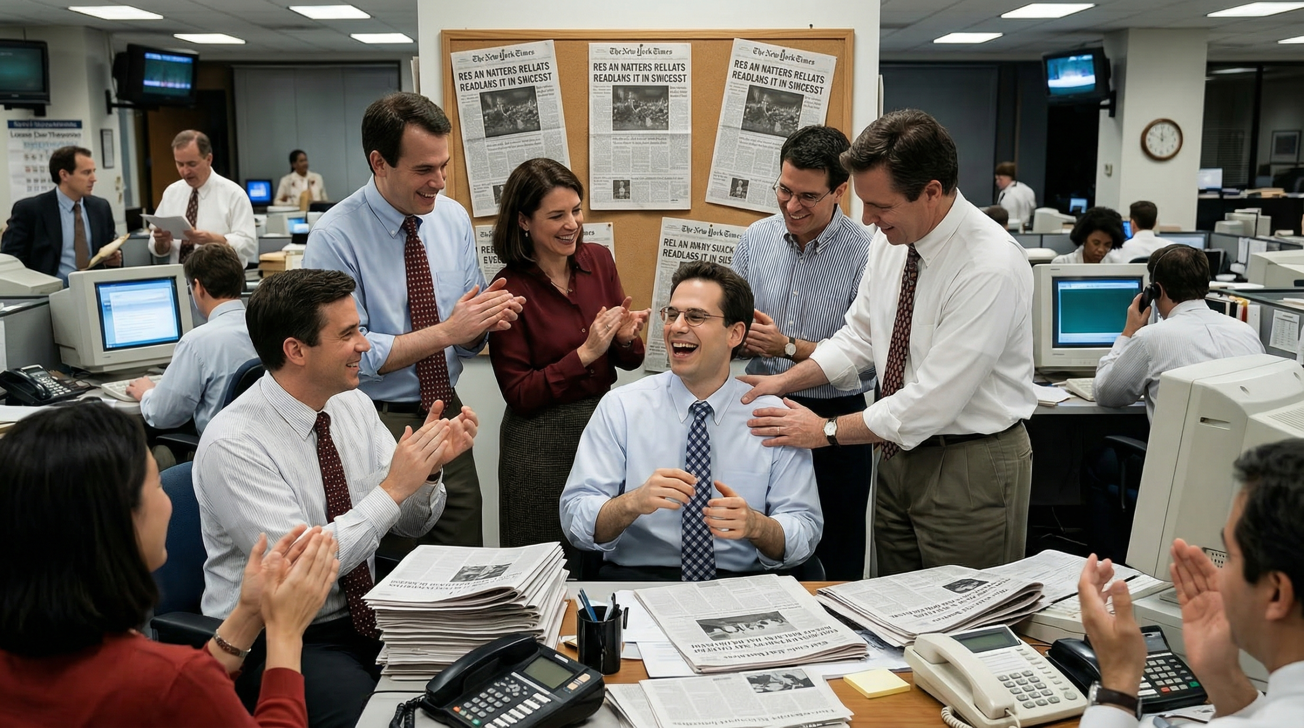 Coworkers applaud around a desk in a busy office as a writer smiles in the center.