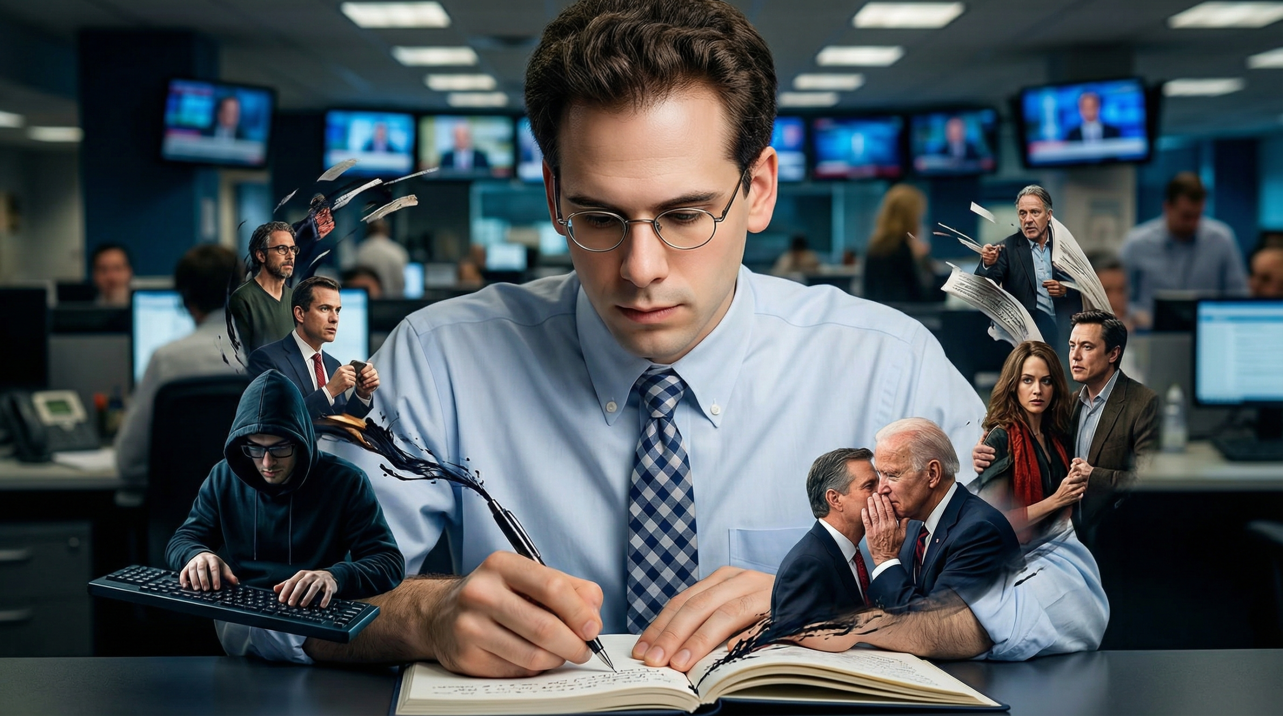 Writer hunched over a notebook as surreal figures and scenes swirl around him in a newsroom.