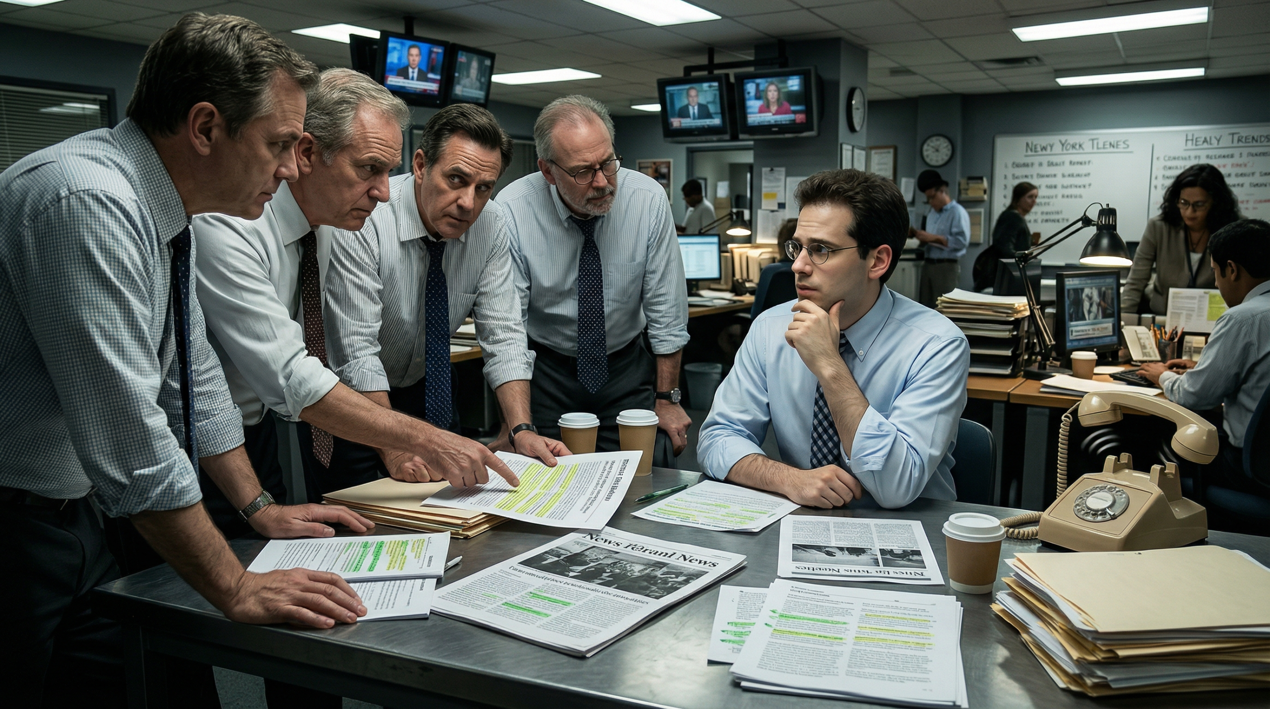 Editors crowd a table with highlighted documents, confronting a seated writer in a newsroom.
