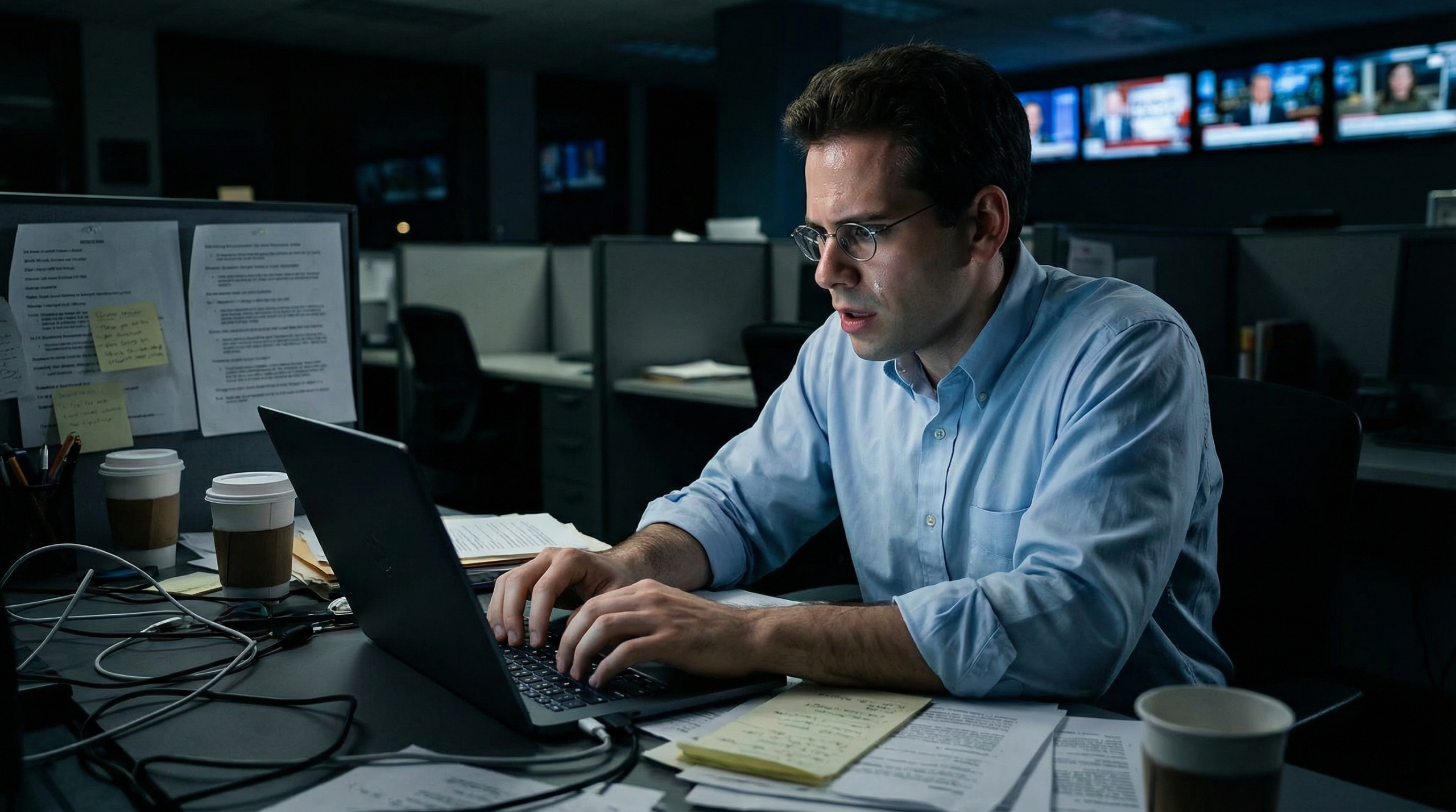 Writer typing late at night in a dim newsroom with papers, notes, and coffee cups scattered.