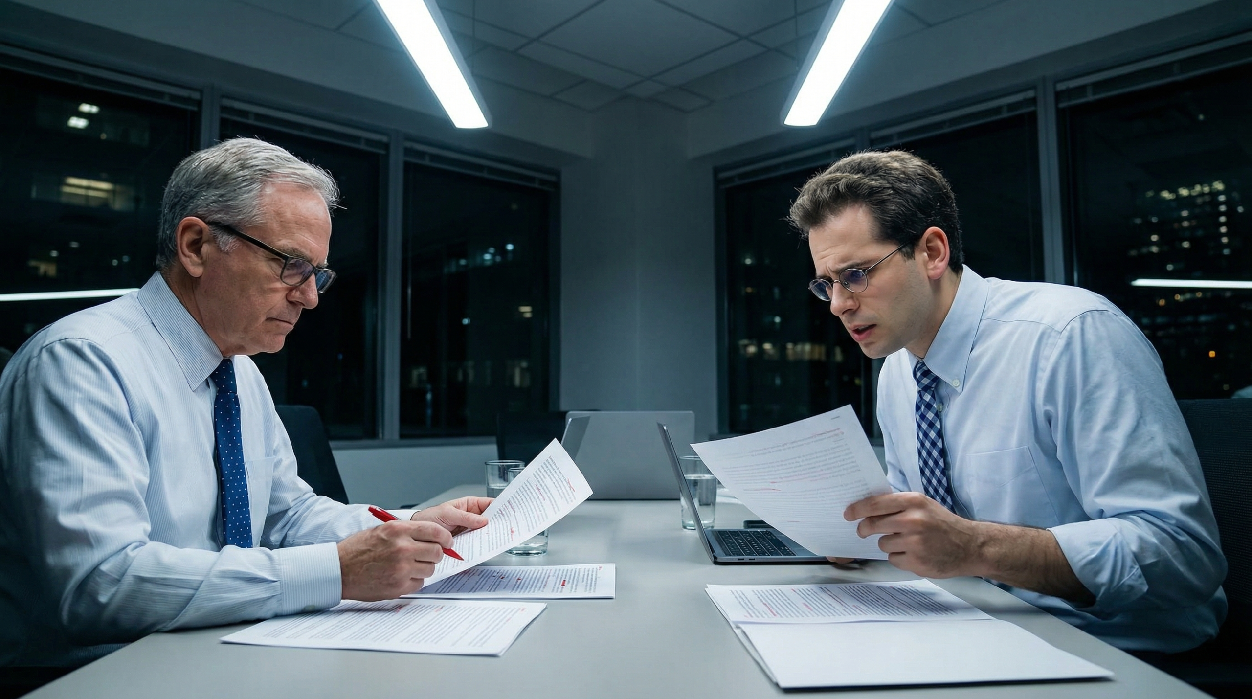 Two men in a conference room review printed pages under harsh lights, tense and focused.