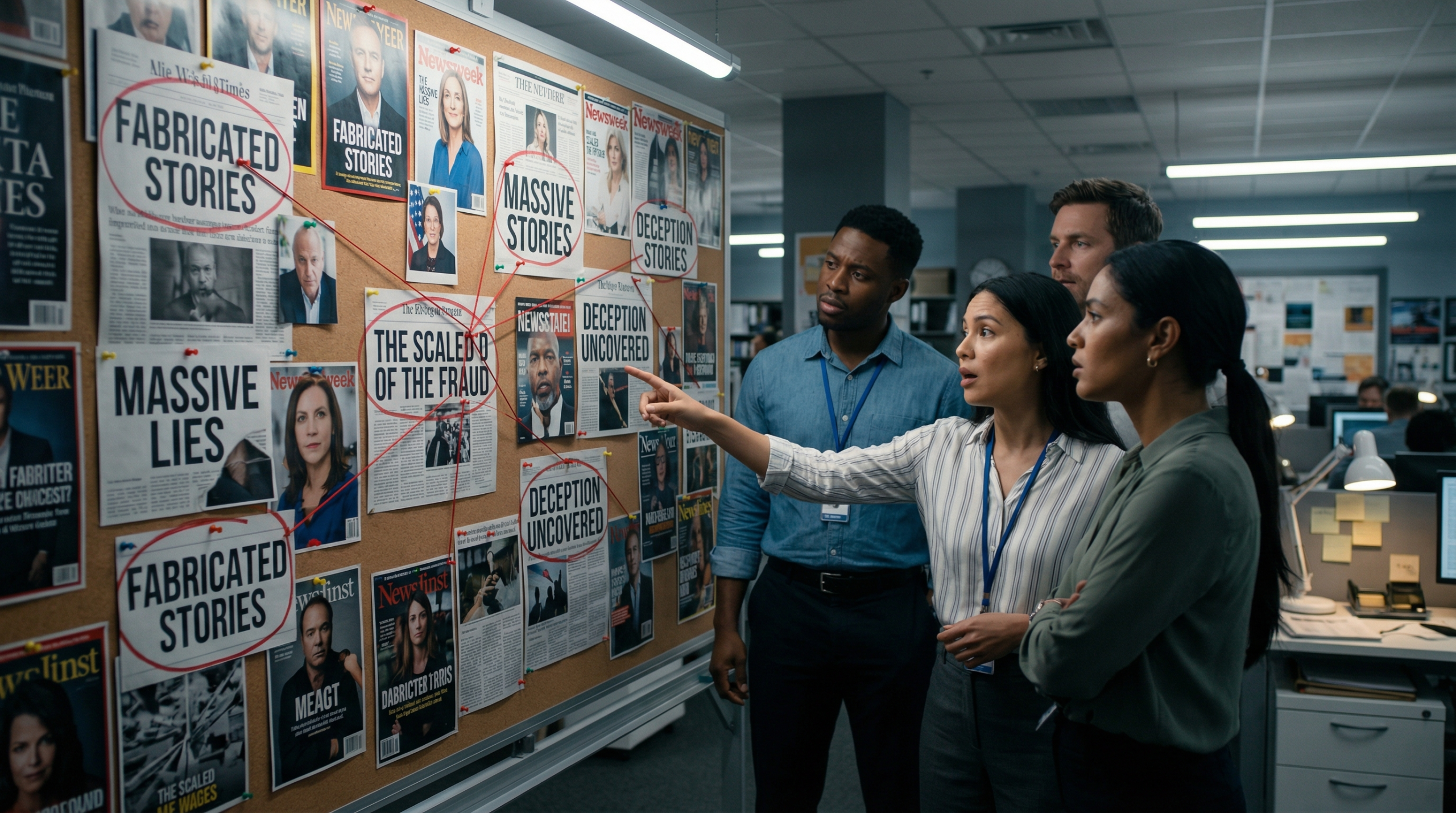 Staff stand before a wall of headlines and photos connected with red lines, investigating a fraud.