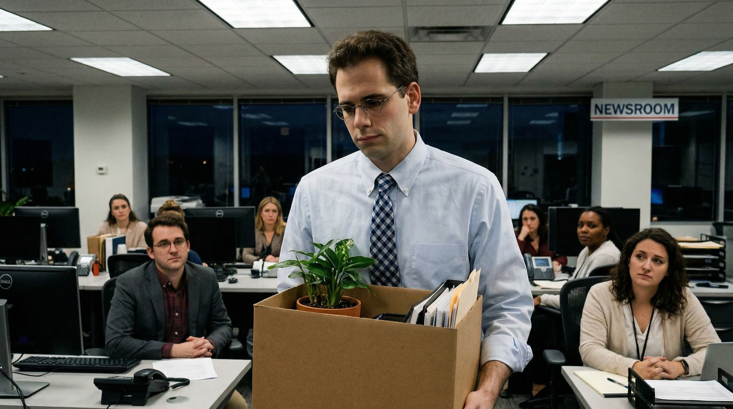 Writer carrying a cardboard box with a plant and files, walking through a newsroom.