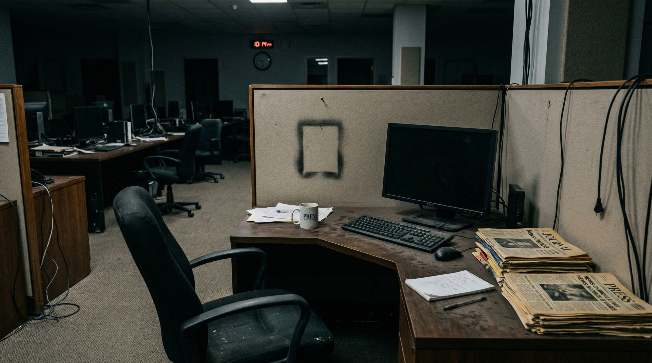 An empty newsroom desk with a dark monitor, scattered papers, and a press mug.