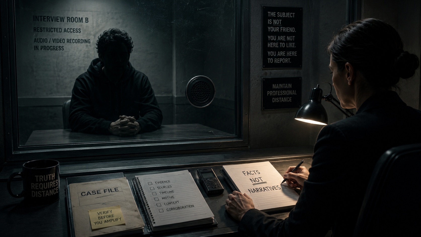 Journalist interviewing a controversial figure through protective glass while maintaining professional distance.