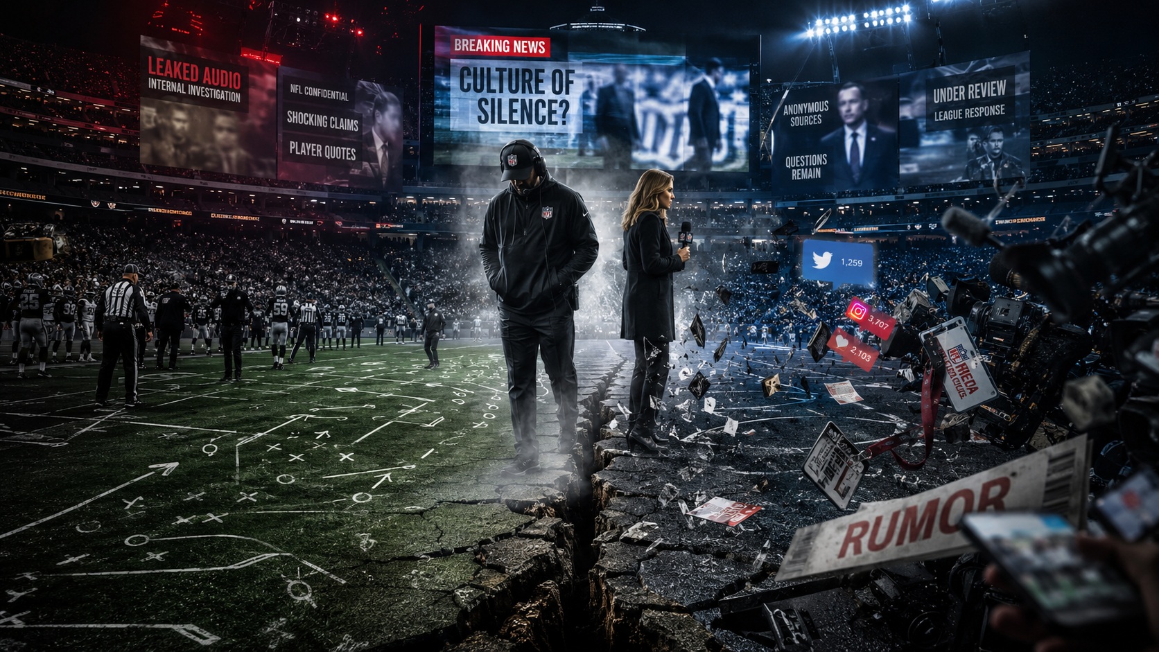 Coach and sports reporter standing inside a dark NFL stadium symbolizing blurred journalism ethics.