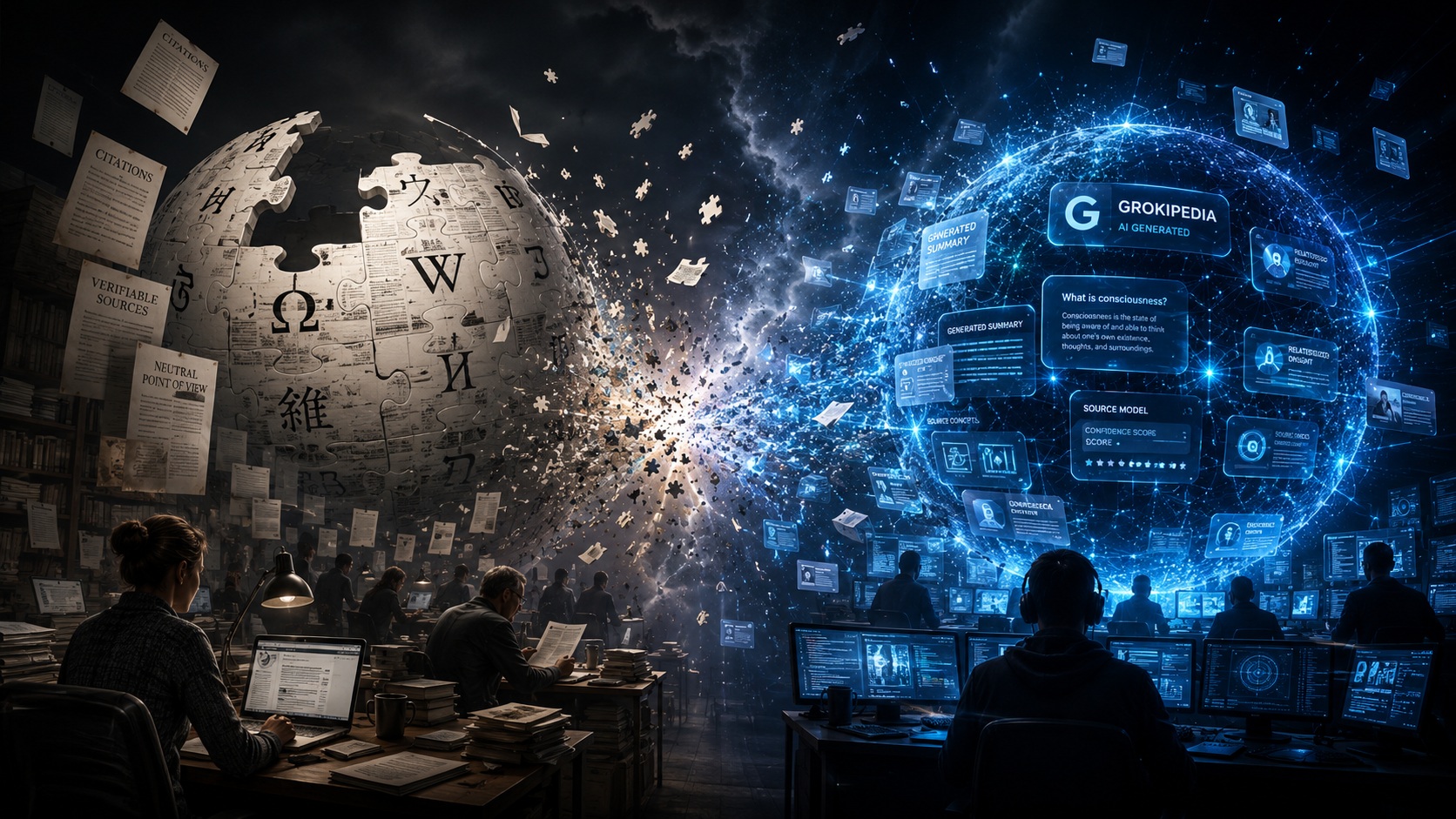Wikipedia and Grokipedia facing each other across a dark digital battlefield as human editors and AI systems fight over who controls truth.