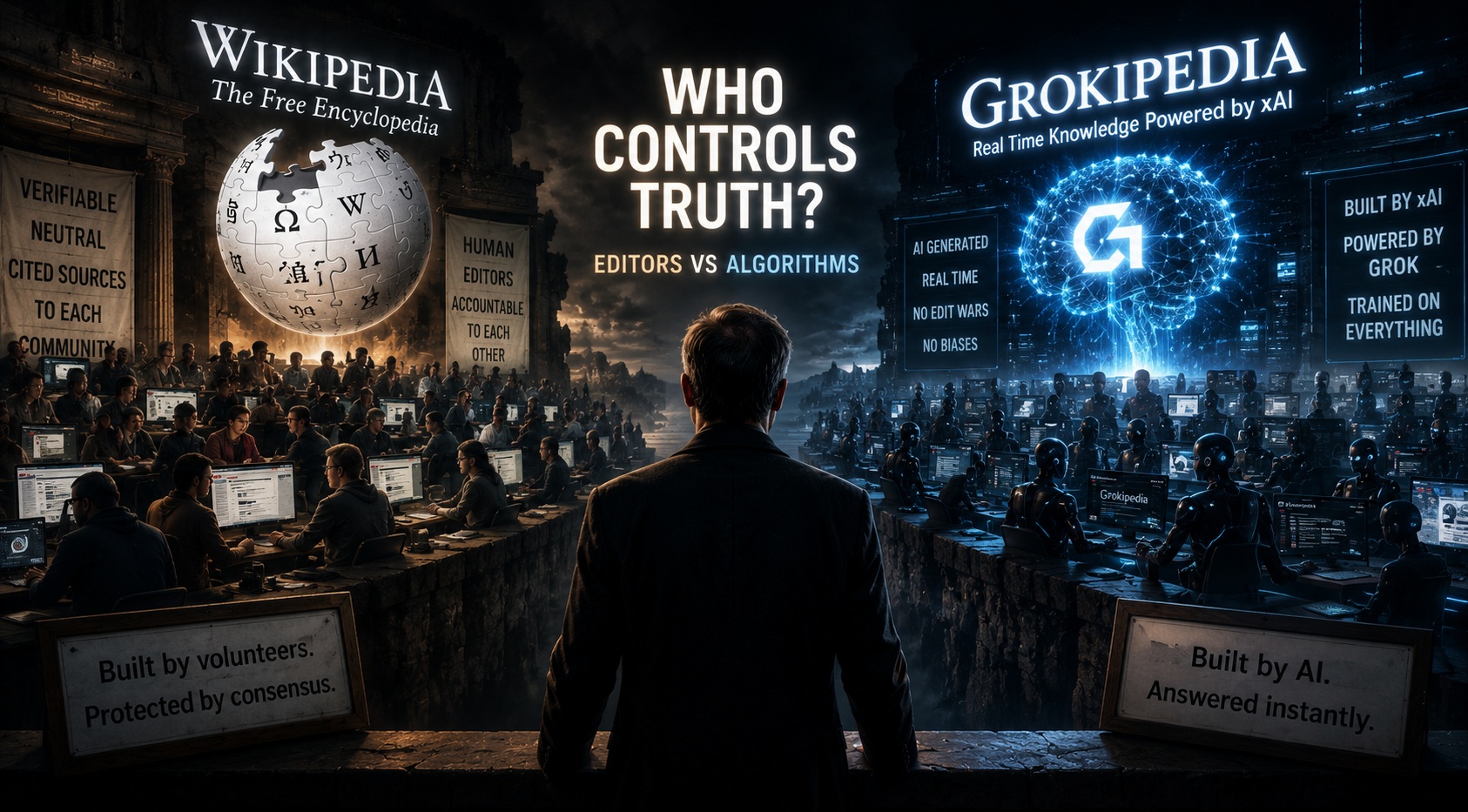 A cinematic battle between Wikipedia’s human-edited knowledge model and Grokipedia’s AI-generated knowledge model.