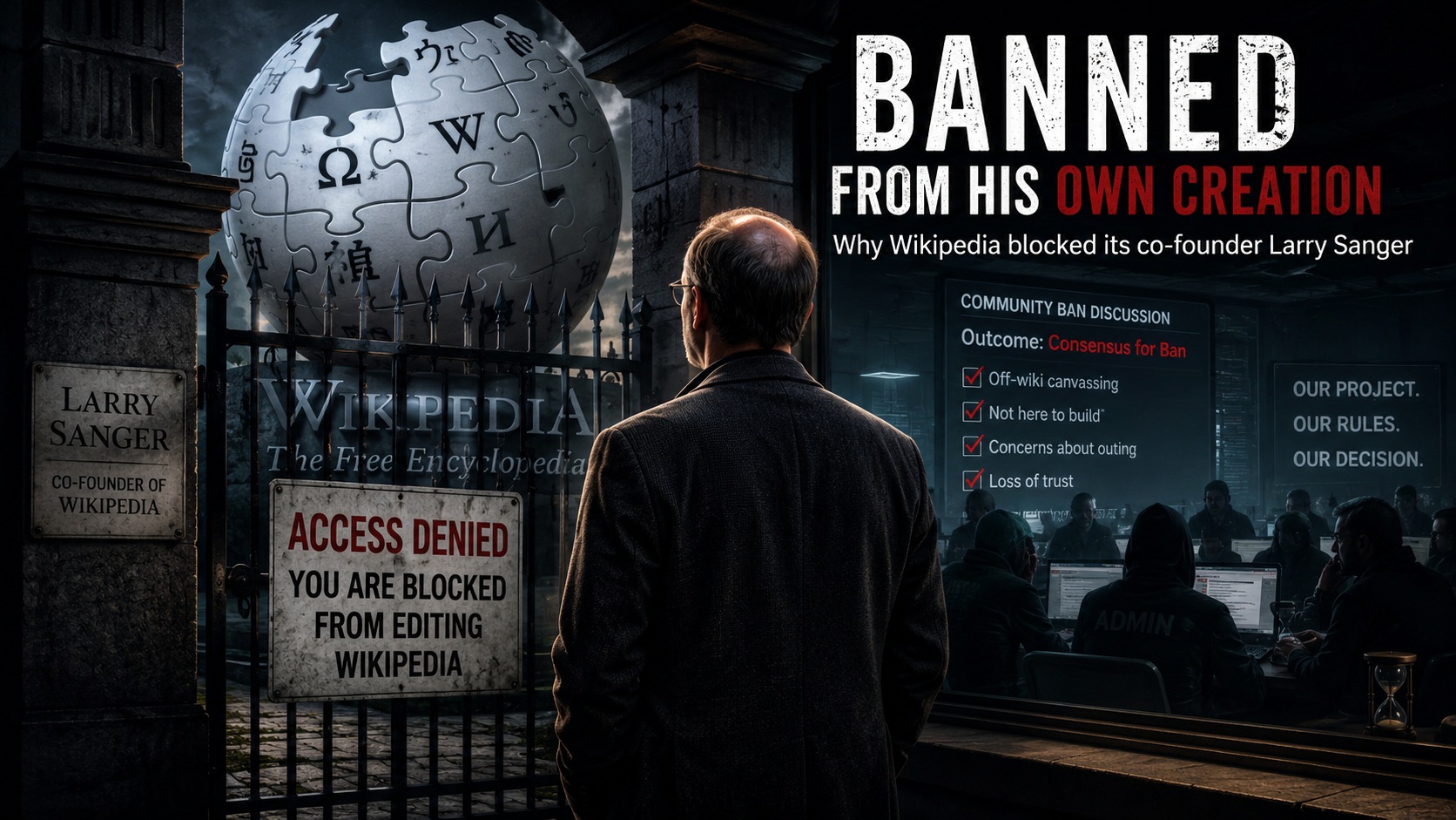 Larry Sanger standing outside a locked Wikipedia gate while anonymous editors debate inside a dark digital chamber.