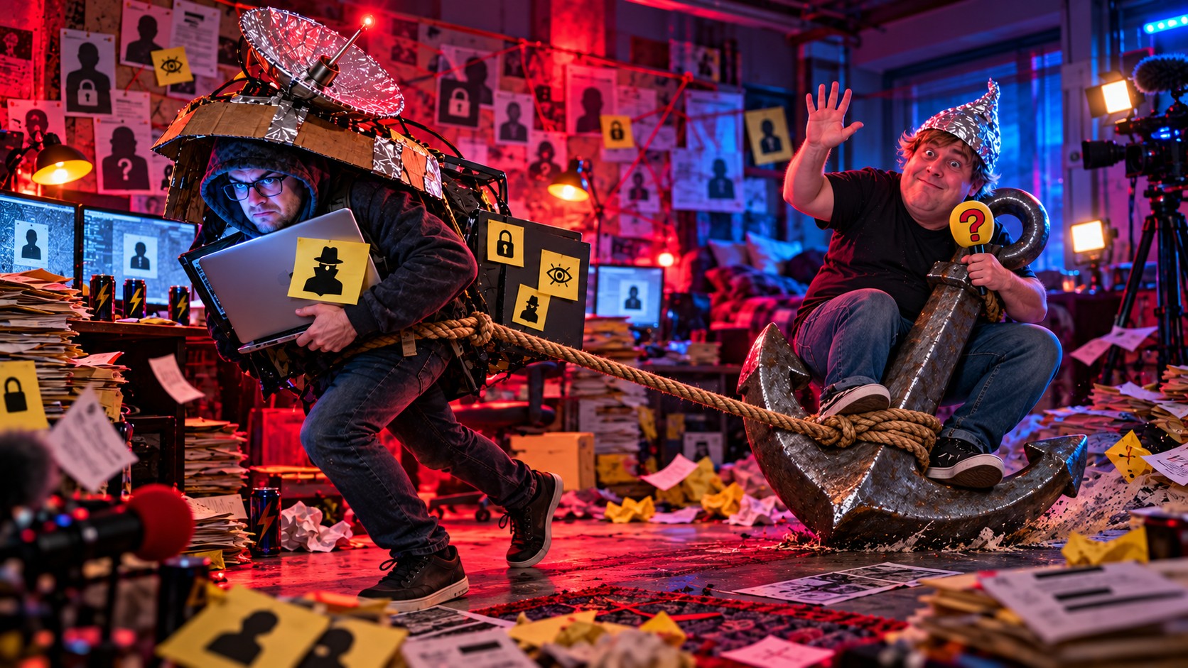 Satirical image of a locked-down journalist dragging a symbolic anchor character through a chaotic media room.