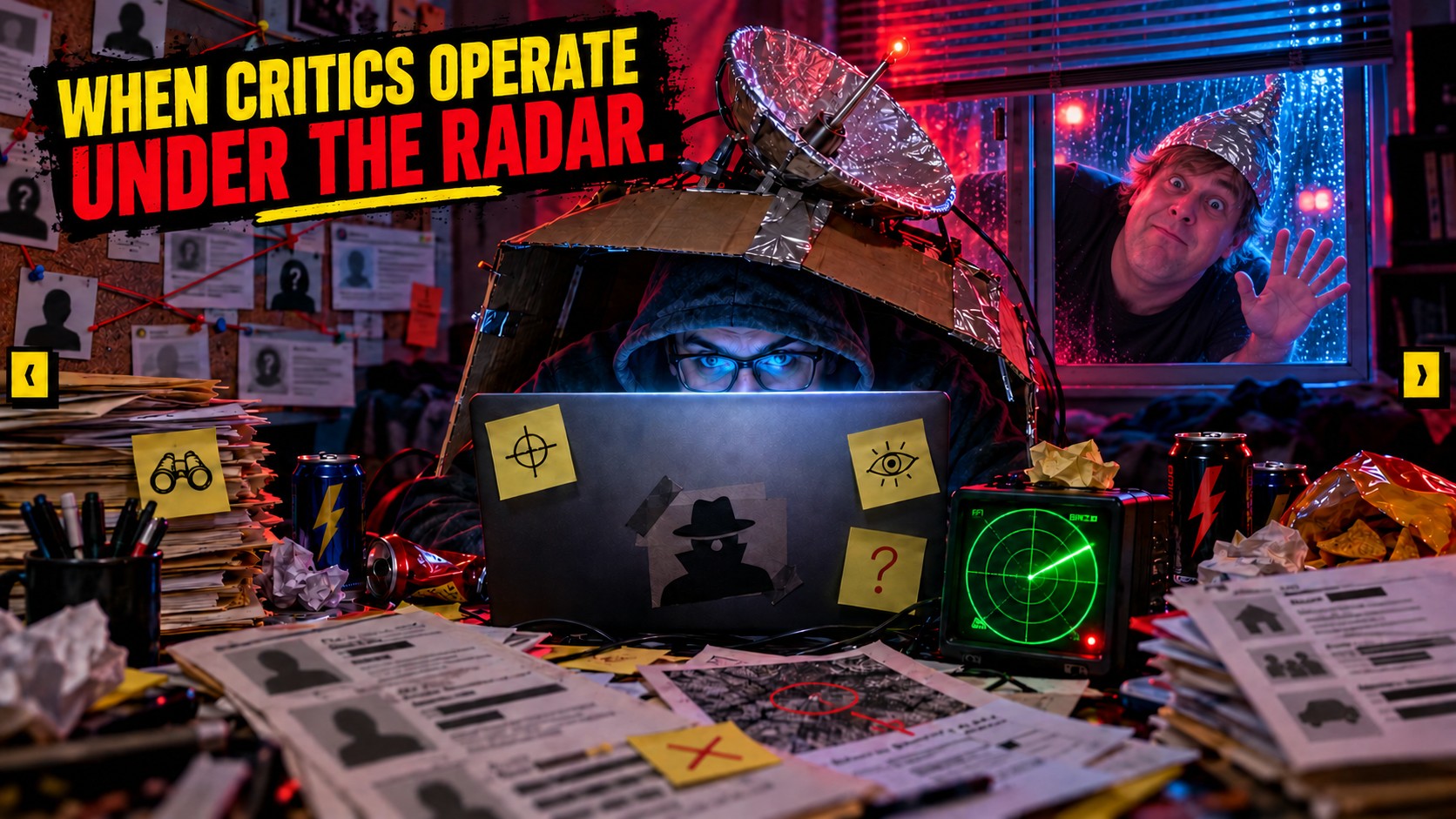 Satirical image of a locked-down journalist hiding behind a laptop while a goofy character appears at the window.